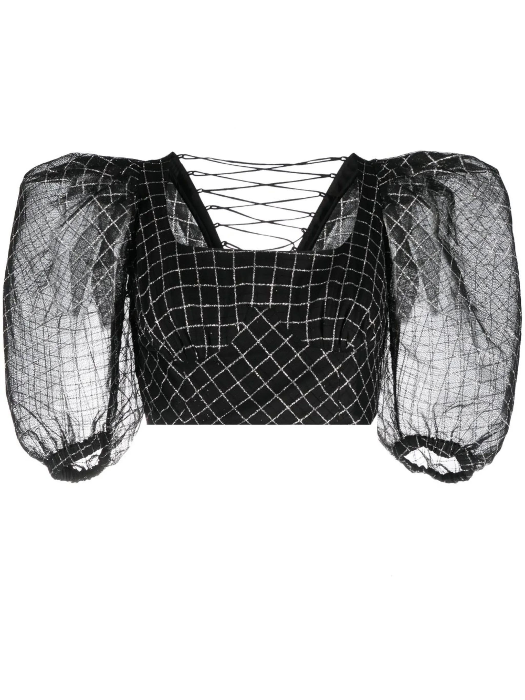 checked puff-sleeve blouse