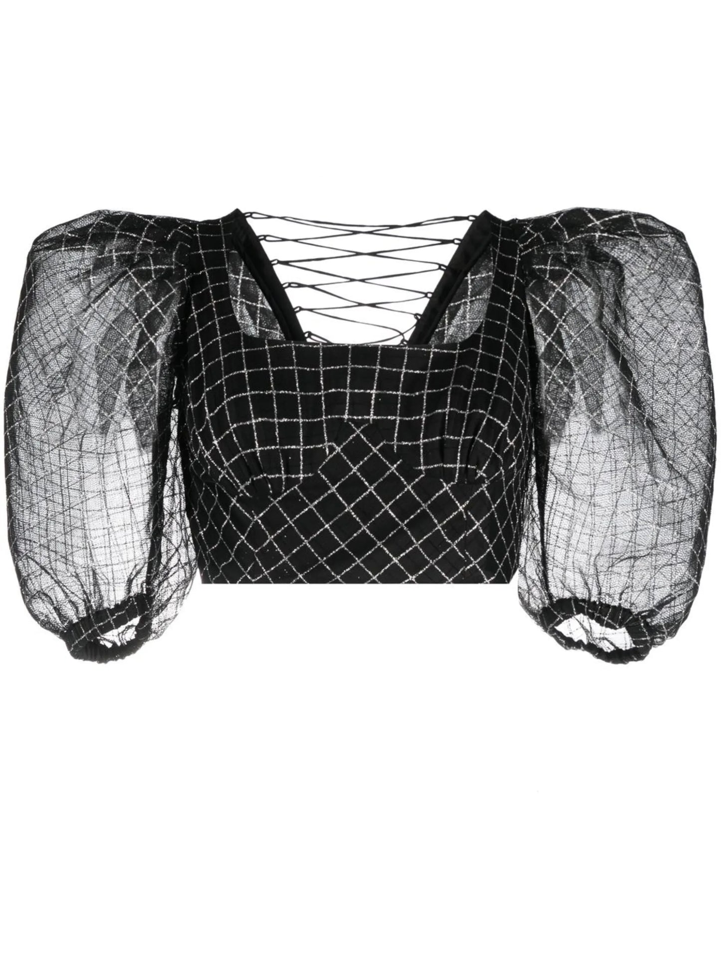 checked puff-sleeve blouse