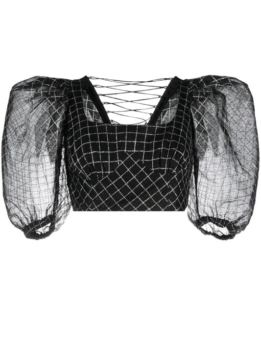 checked puff-sleeve blouse