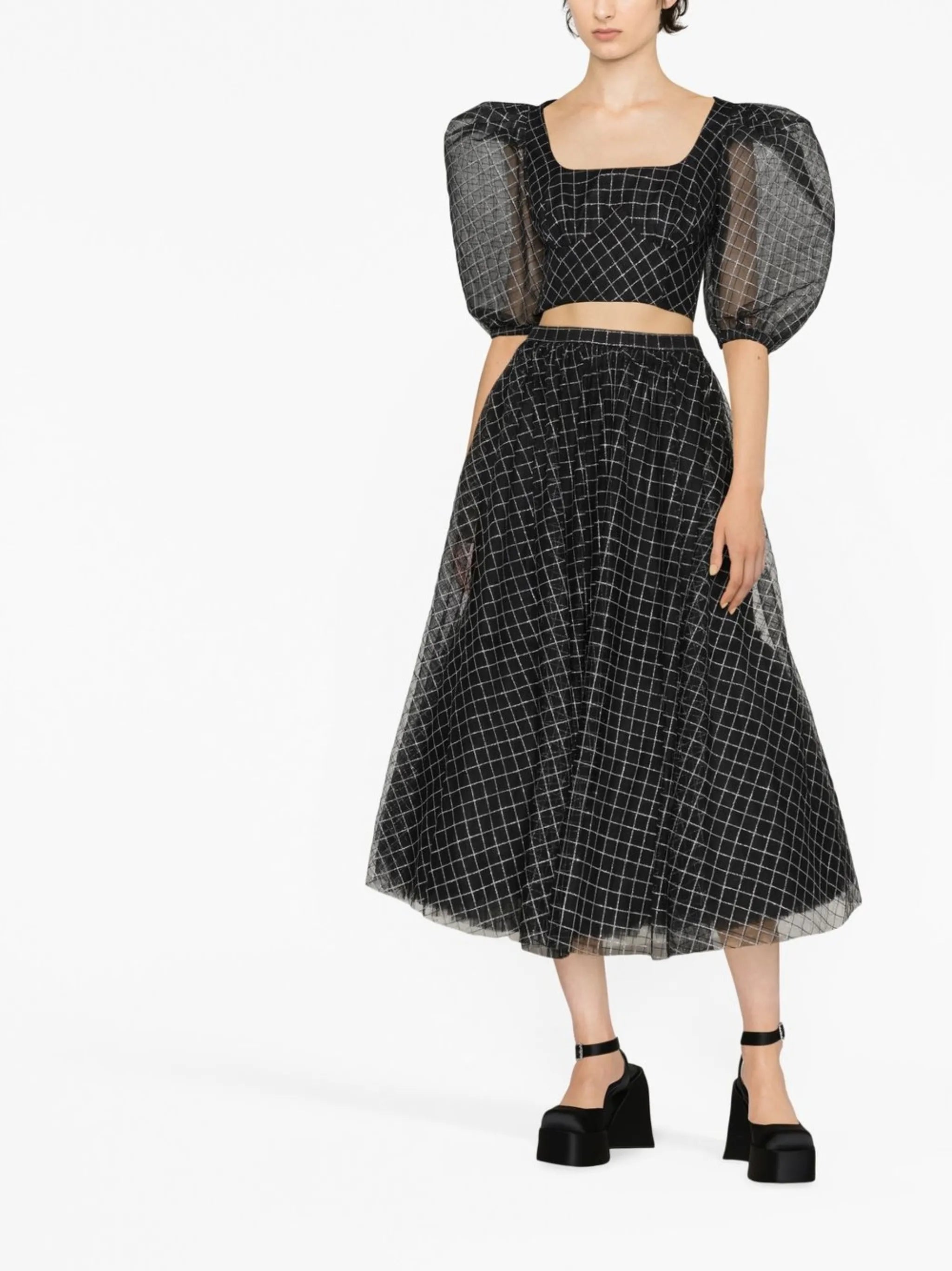 checked puff-sleeve blouse