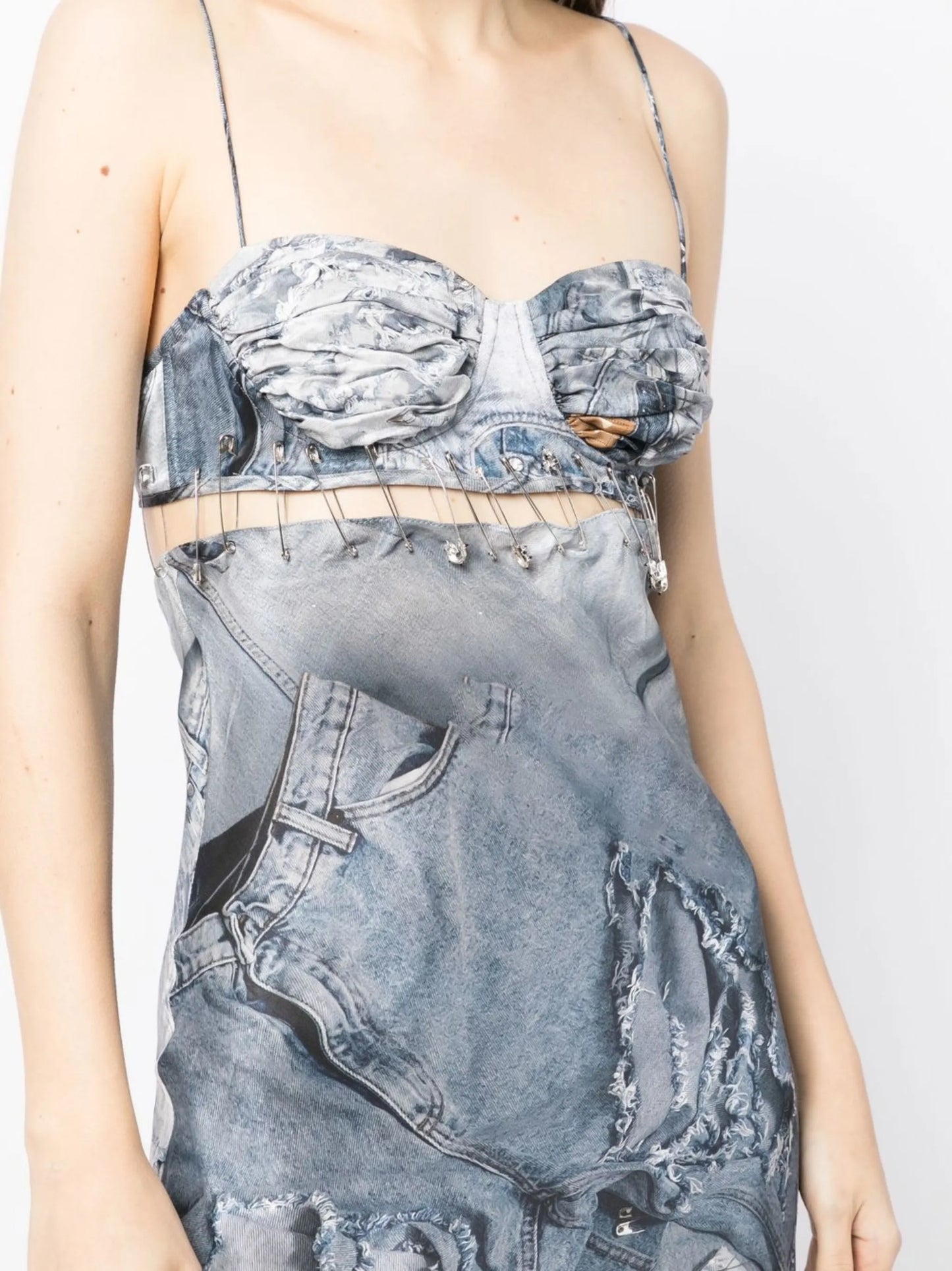 denim-print maxi slip dress
