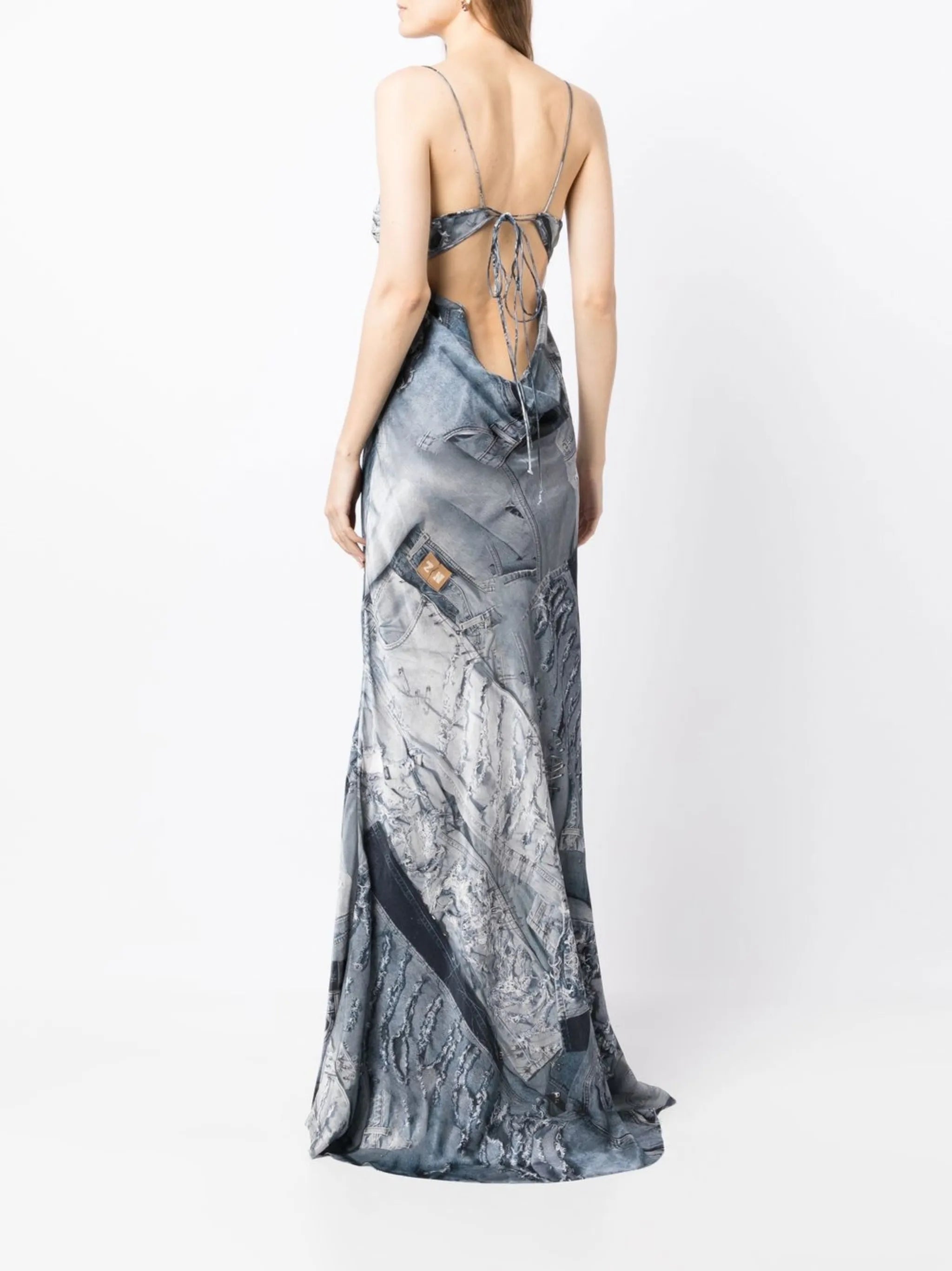 denim-print maxi slip dress
