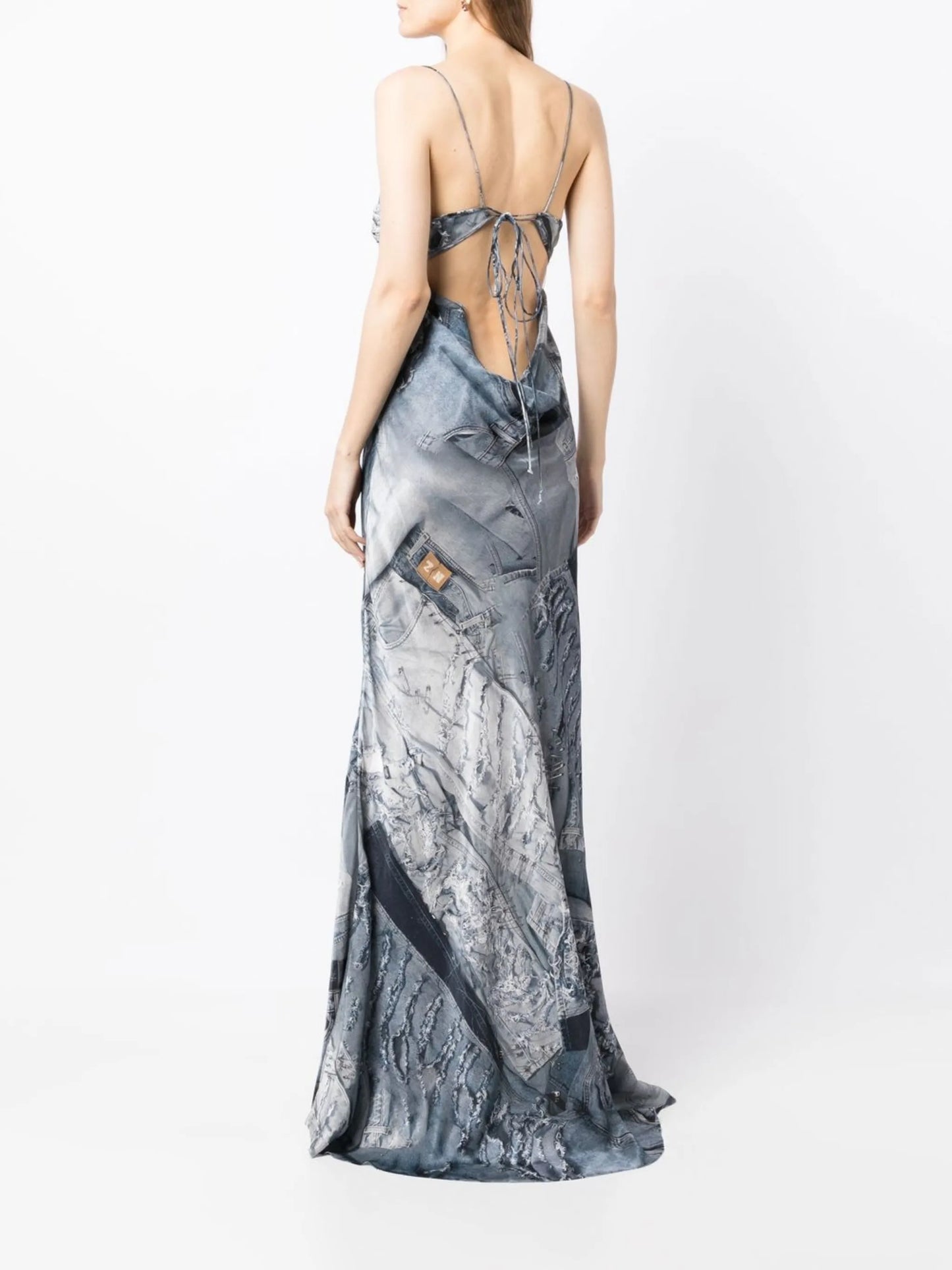 denim-print maxi slip dress