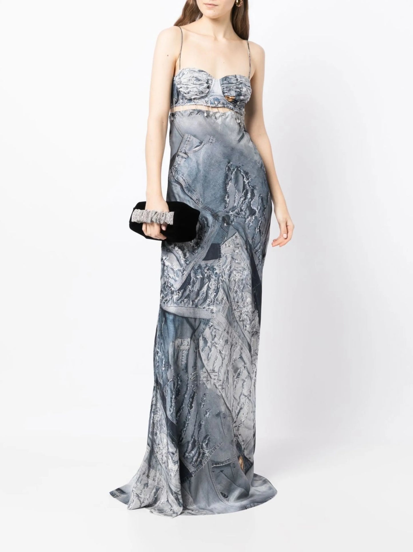 denim-print maxi slip dress
