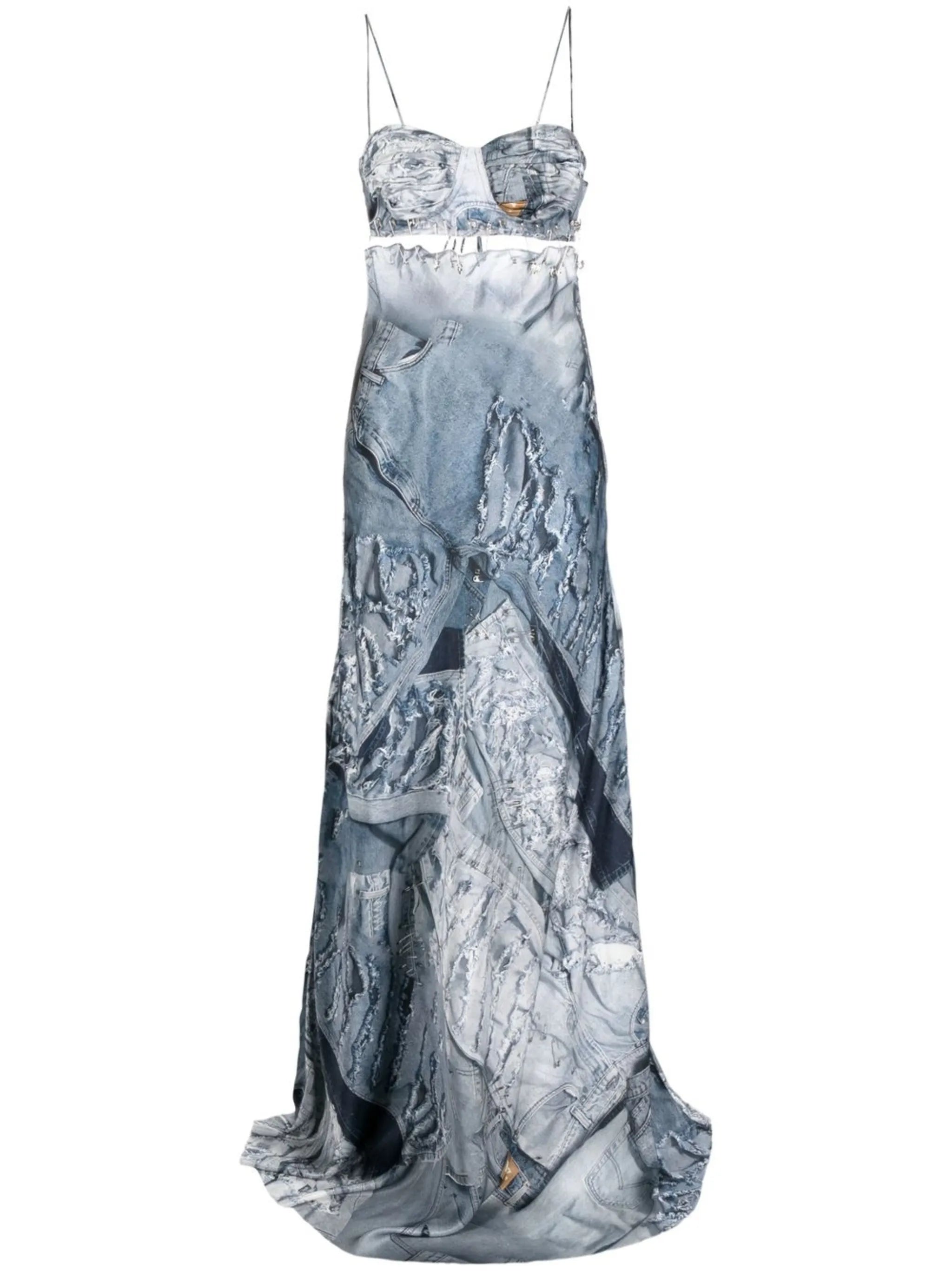denim-print maxi slip dress
