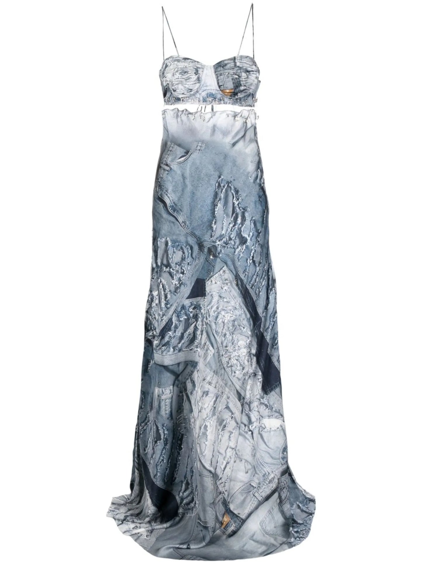 denim-print maxi slip dress