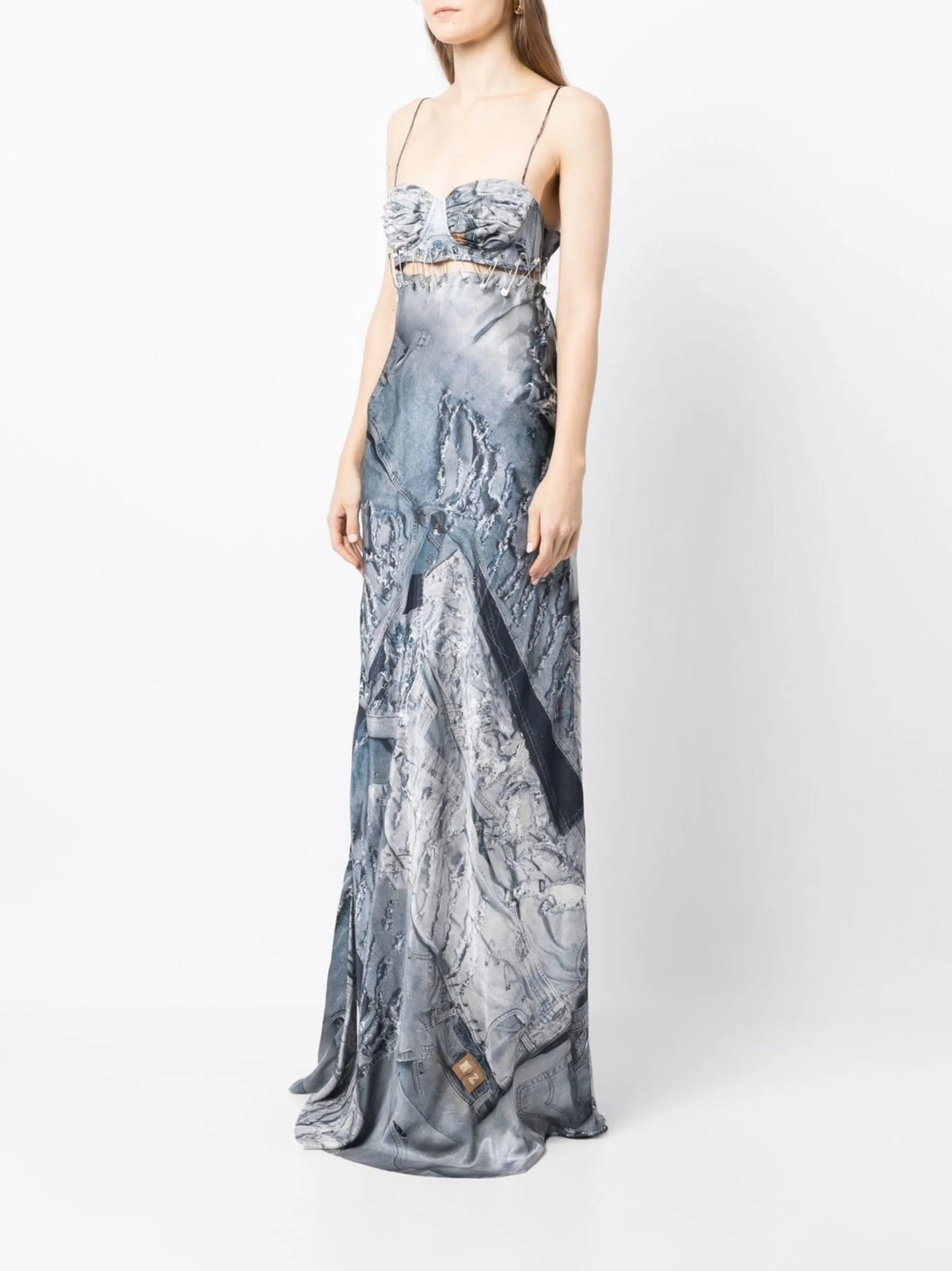 denim-print maxi slip dress