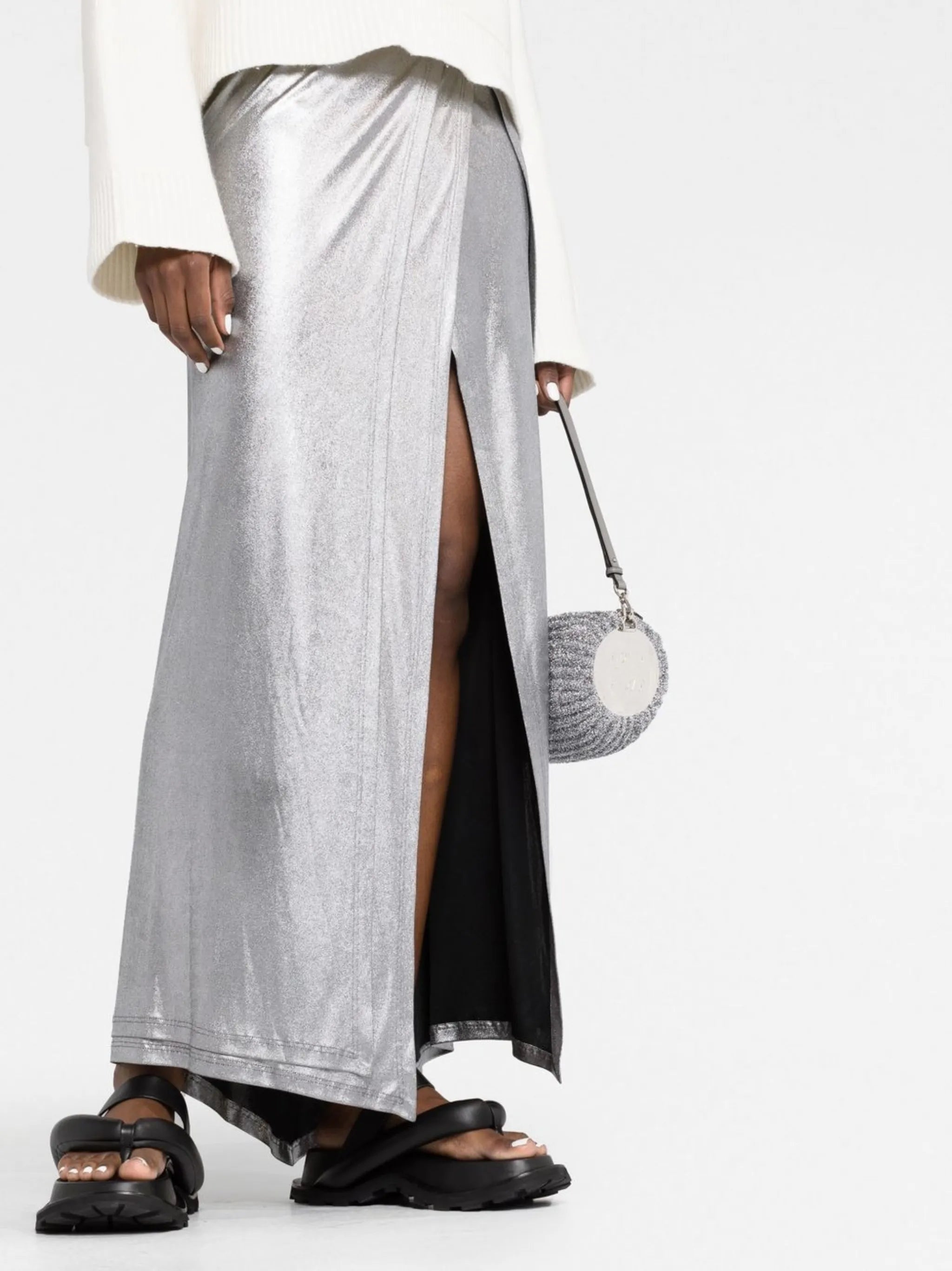 high-waisted metallic wrap skirt
