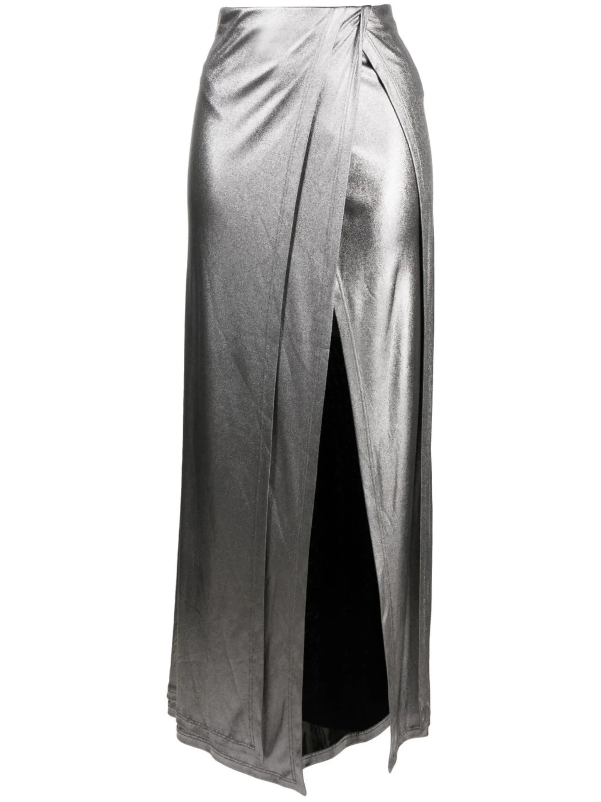 high-waisted metallic wrap skirt