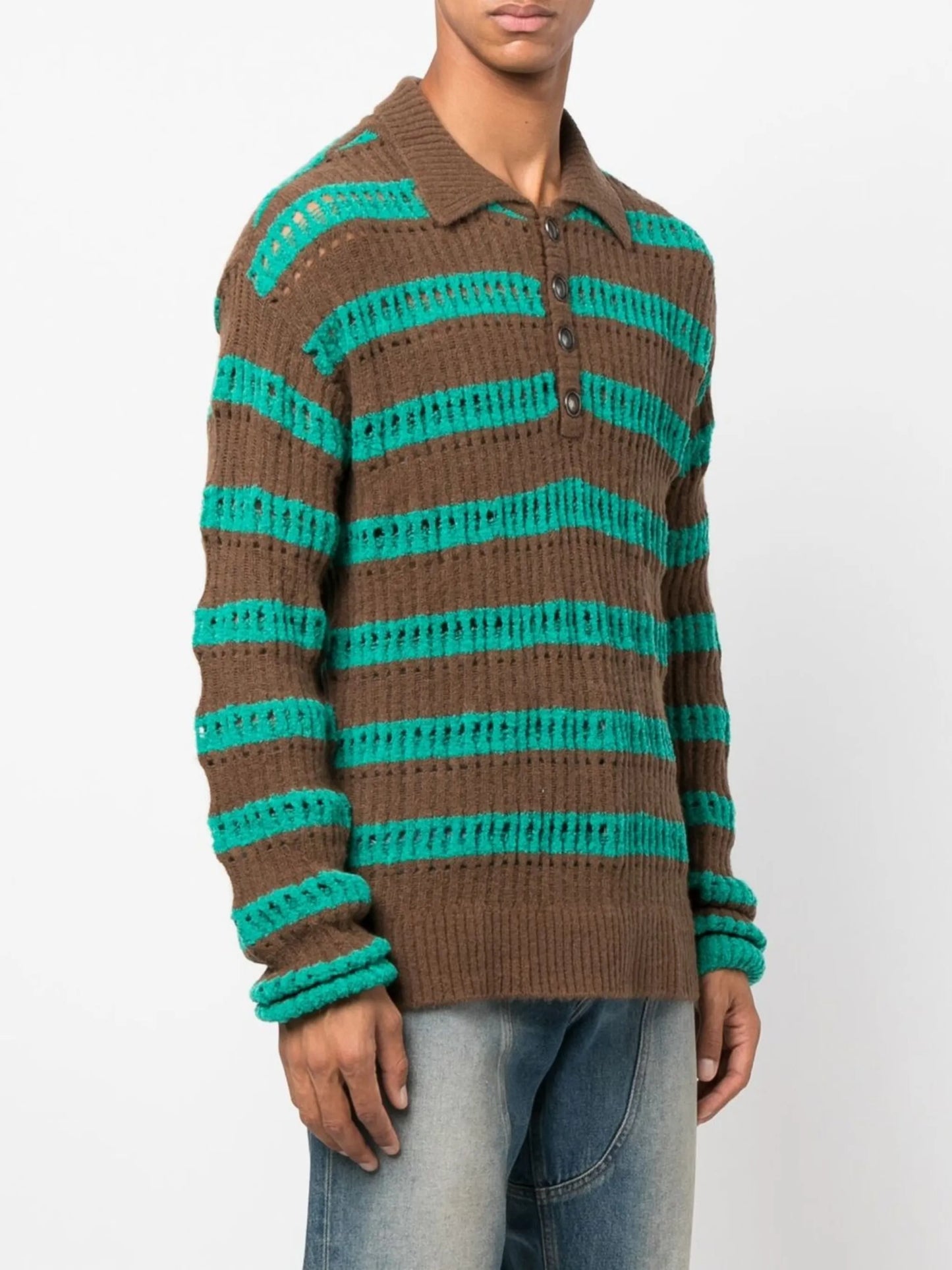 striped open-knit polo top
