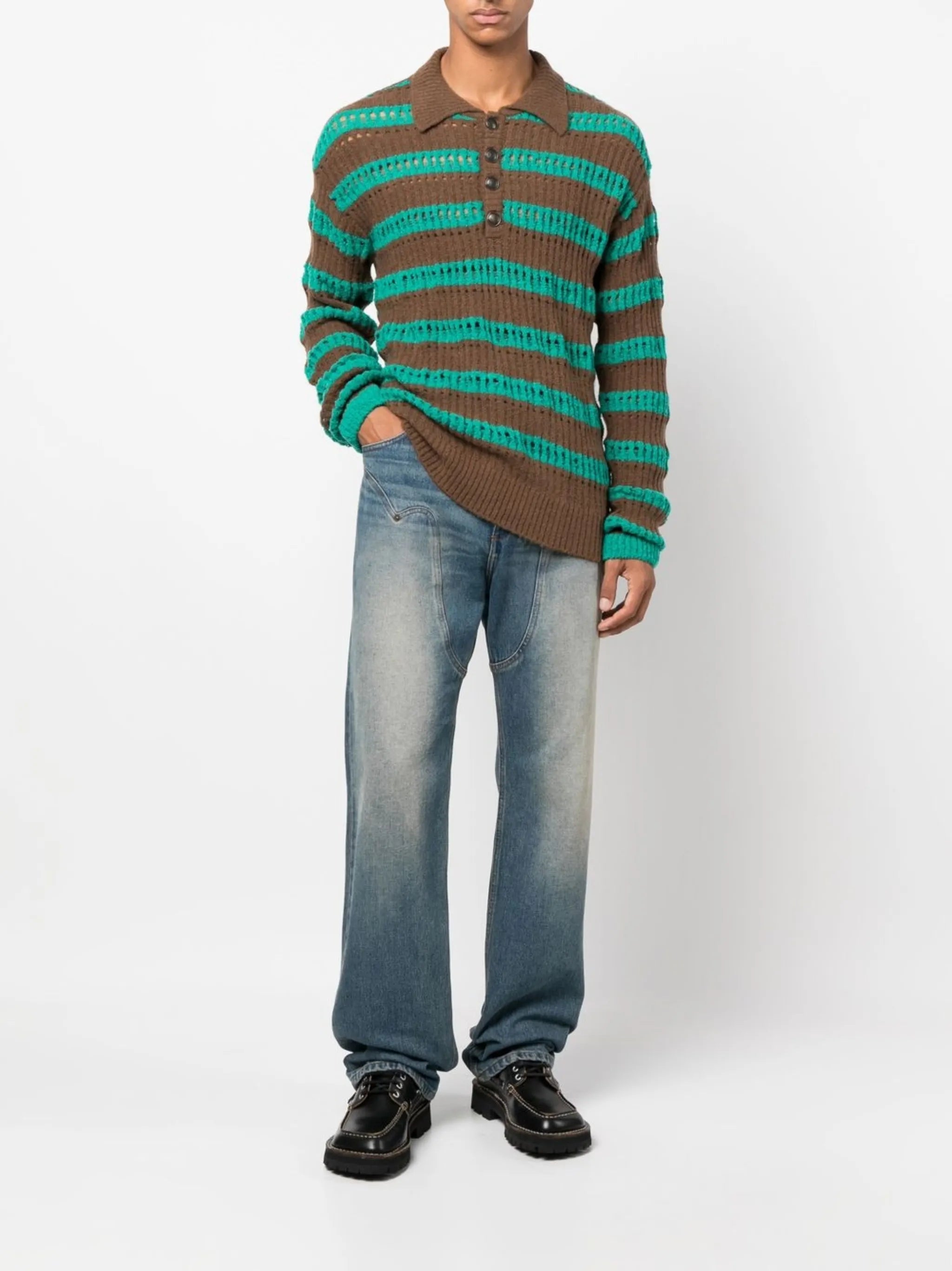 striped open-knit polo top