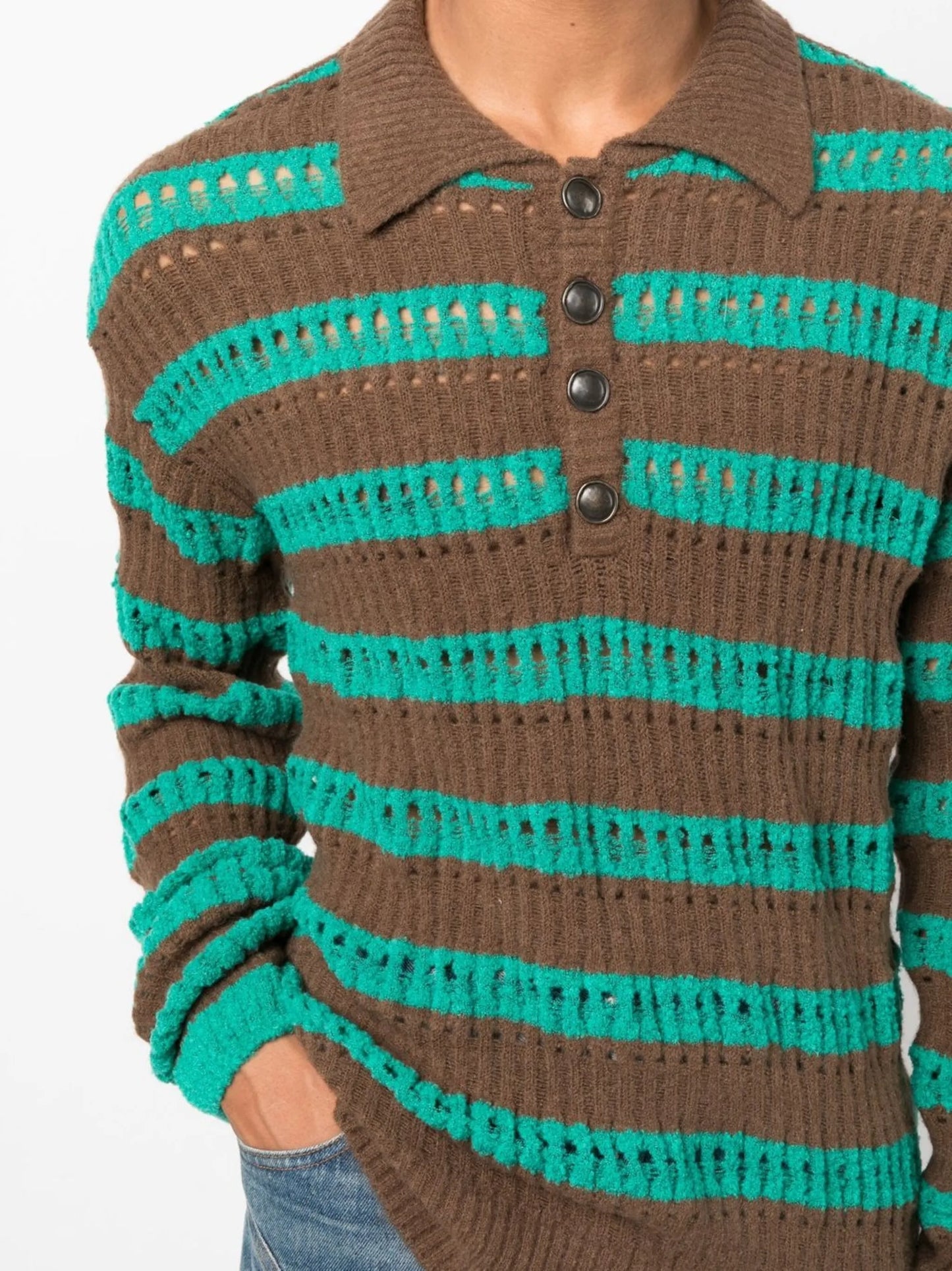 striped open-knit polo top