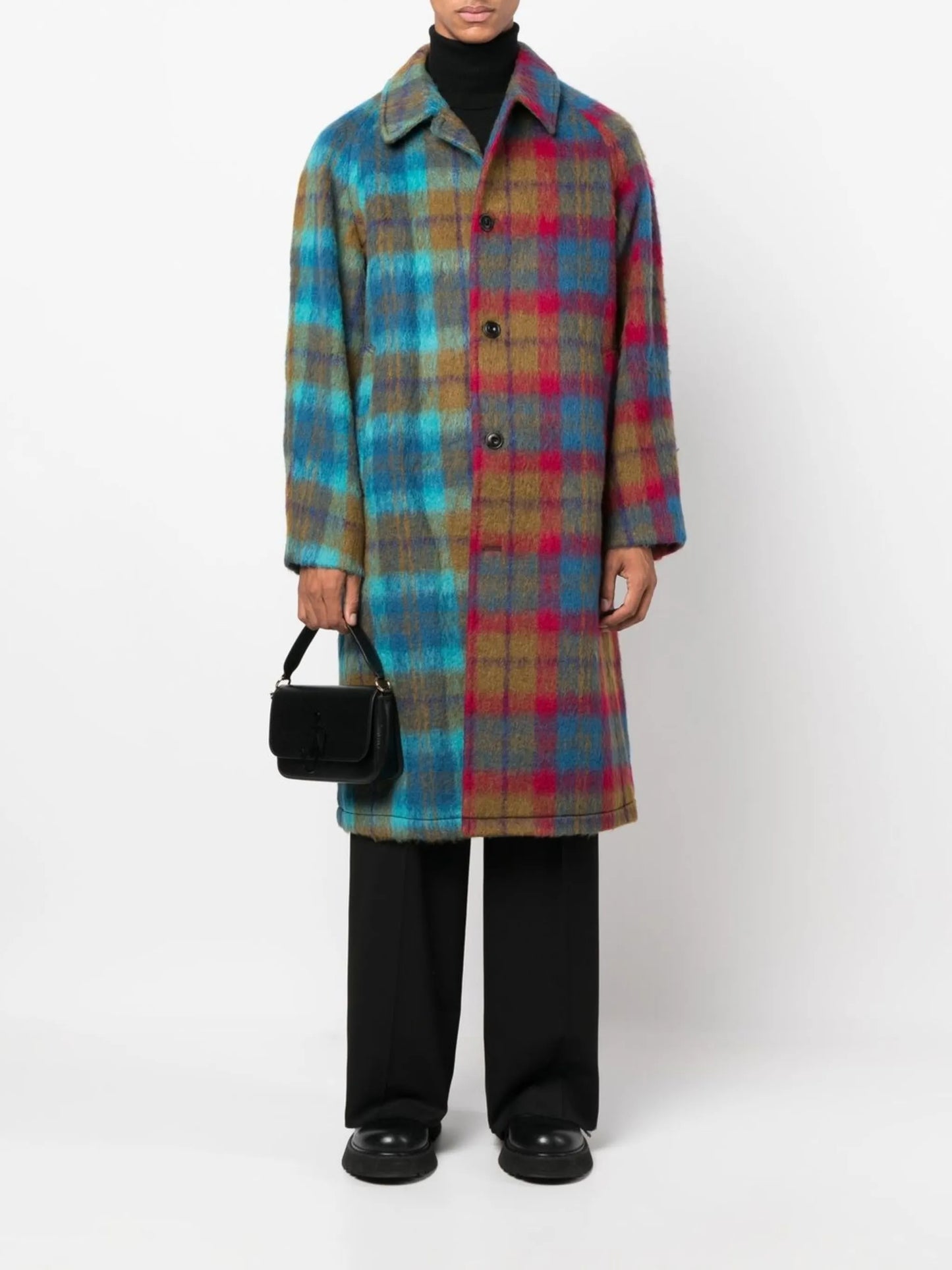 colour-block check single-breasted coat