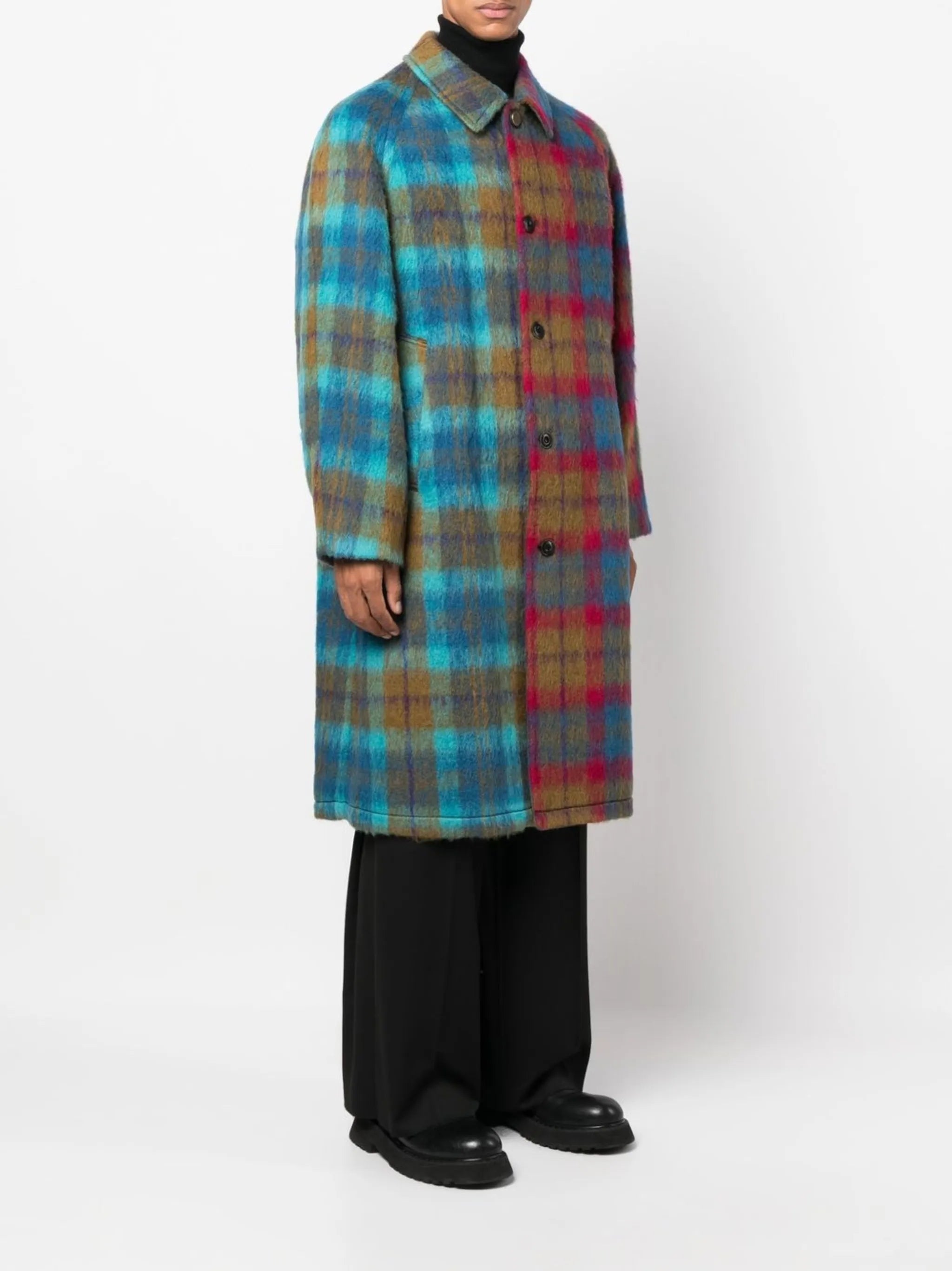 colour-block check single-breasted coat