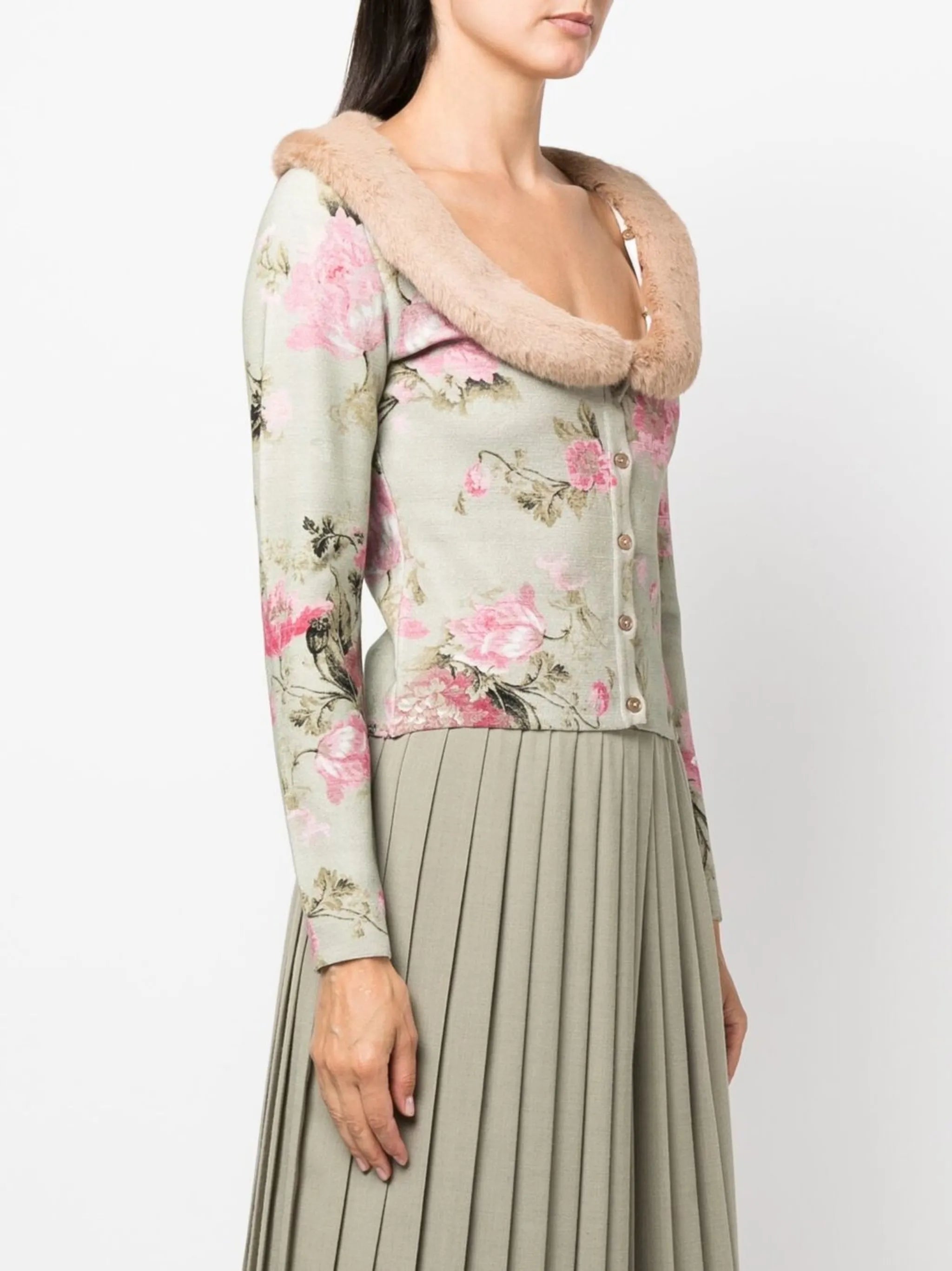 floral-print fur-trim cardigan