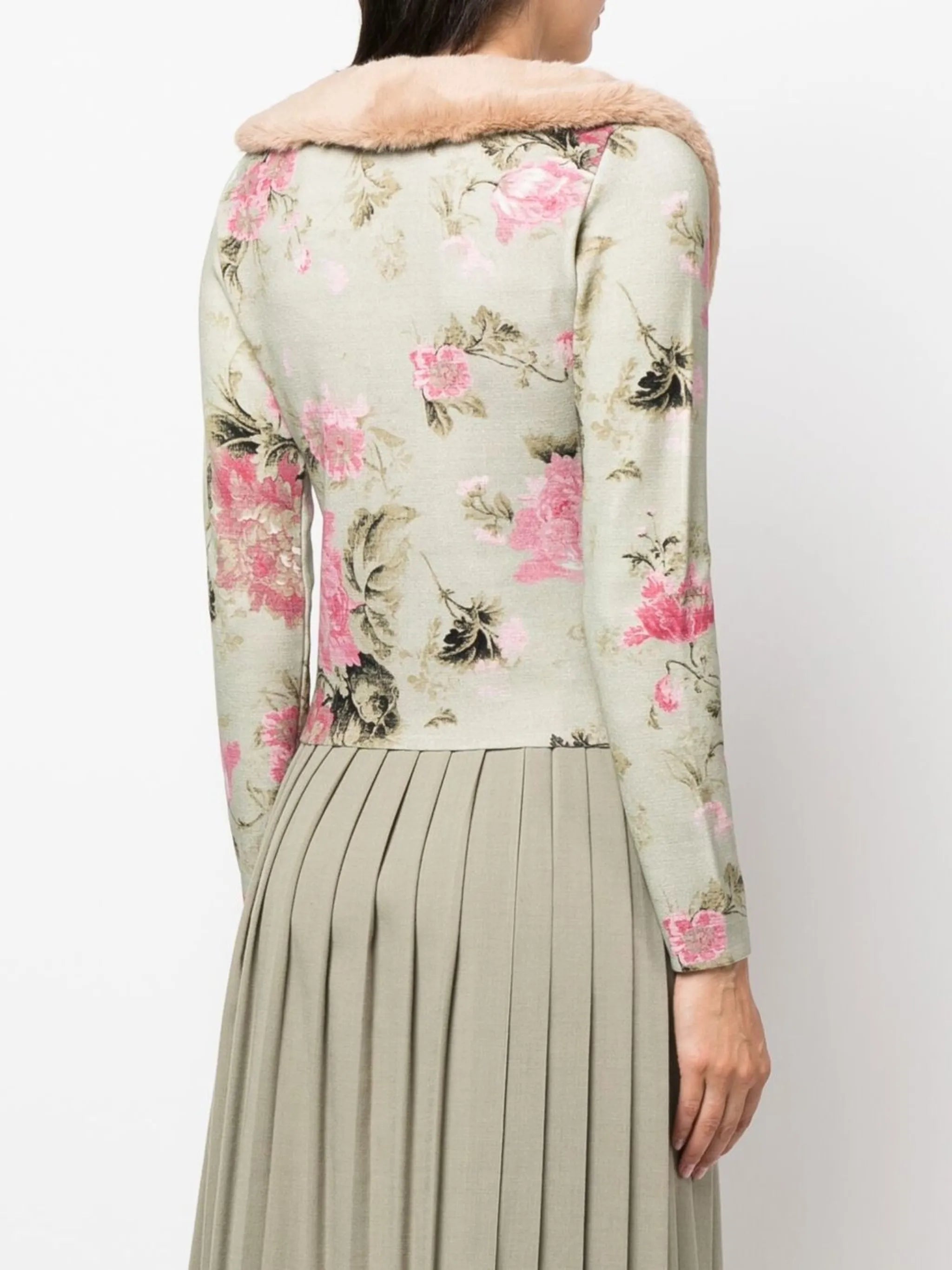 floral-print fur-trim cardigan