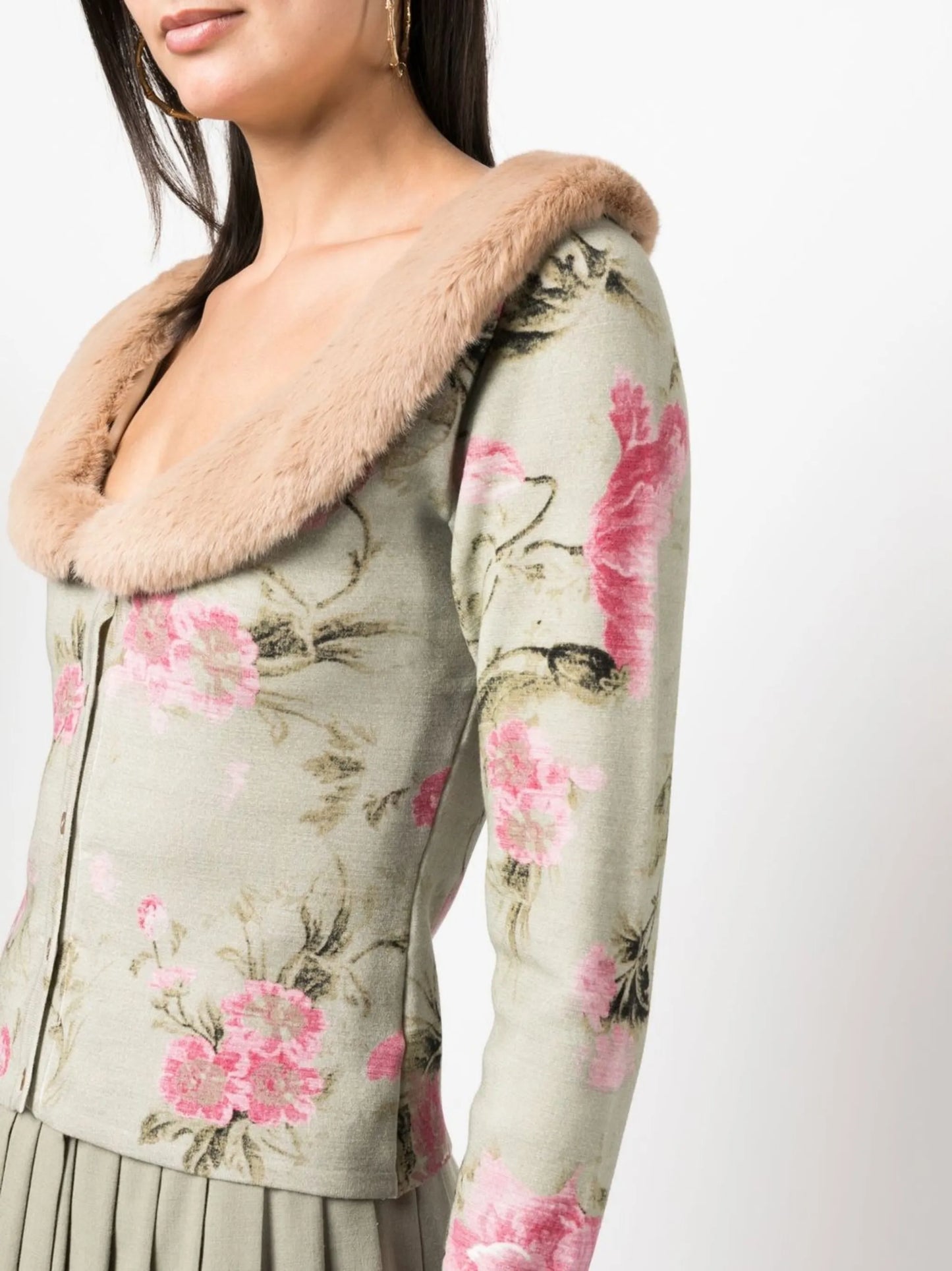 floral-print fur-trim cardigan