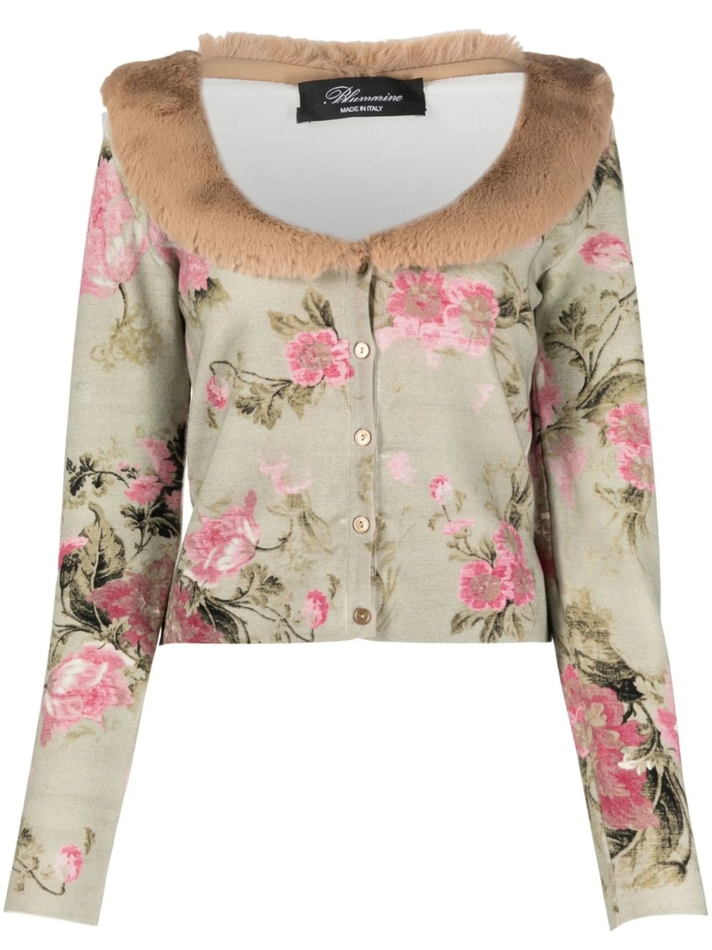 floral-print fur-trim cardigan