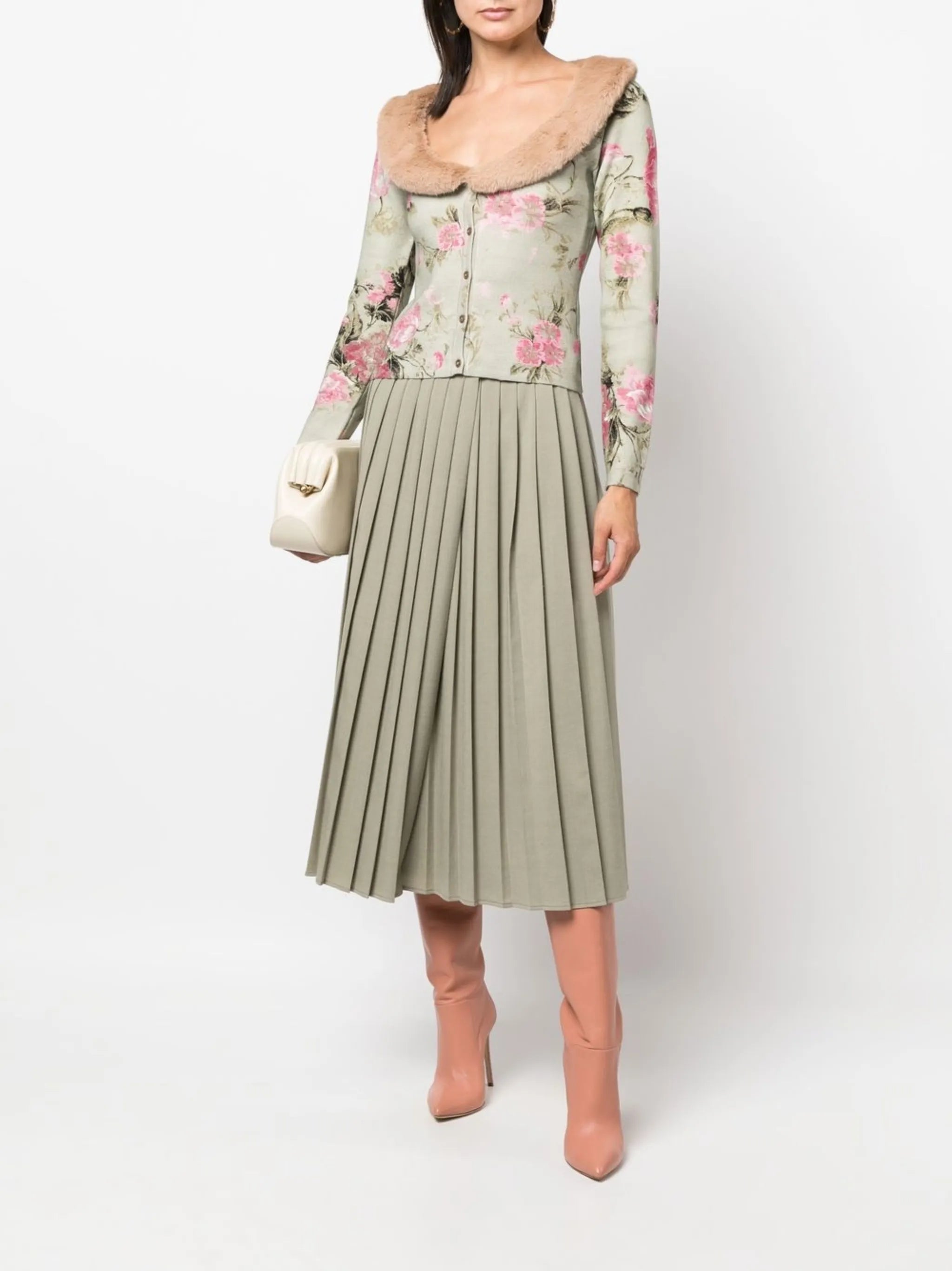 floral-print fur-trim cardigan