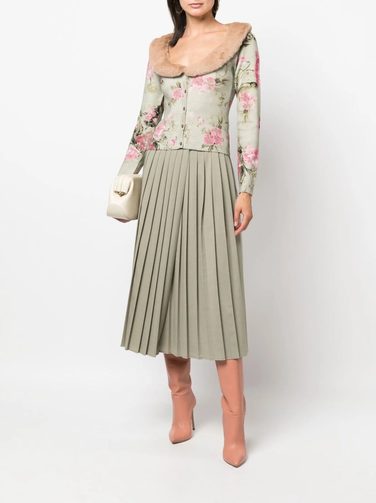 floral-print fur-trim cardigan