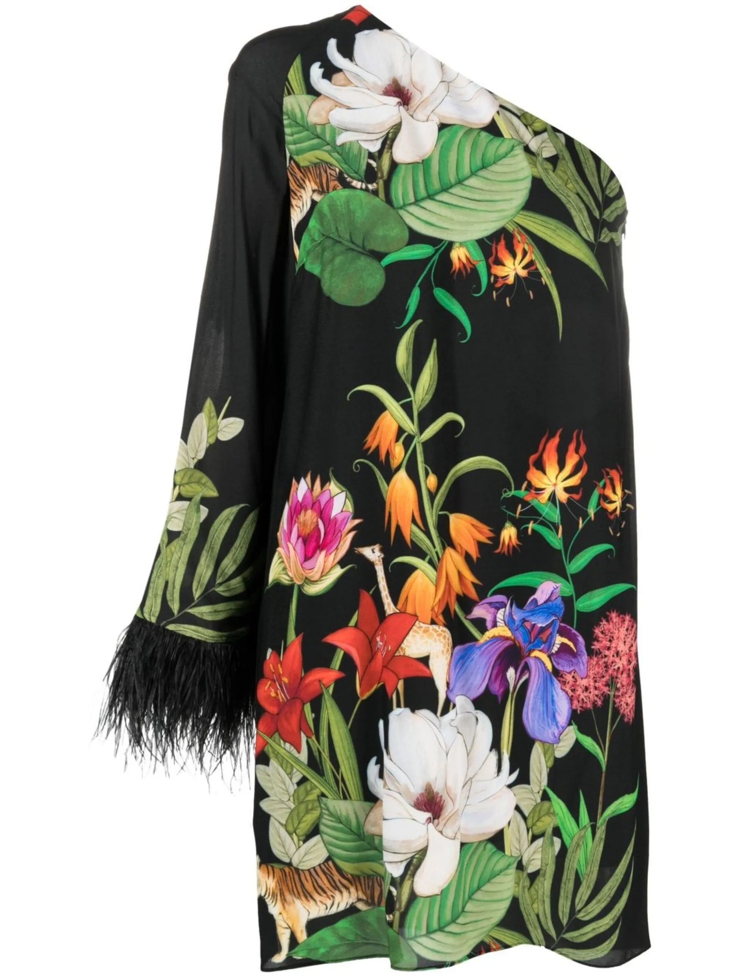 feather-trim one-shoulder mini dress