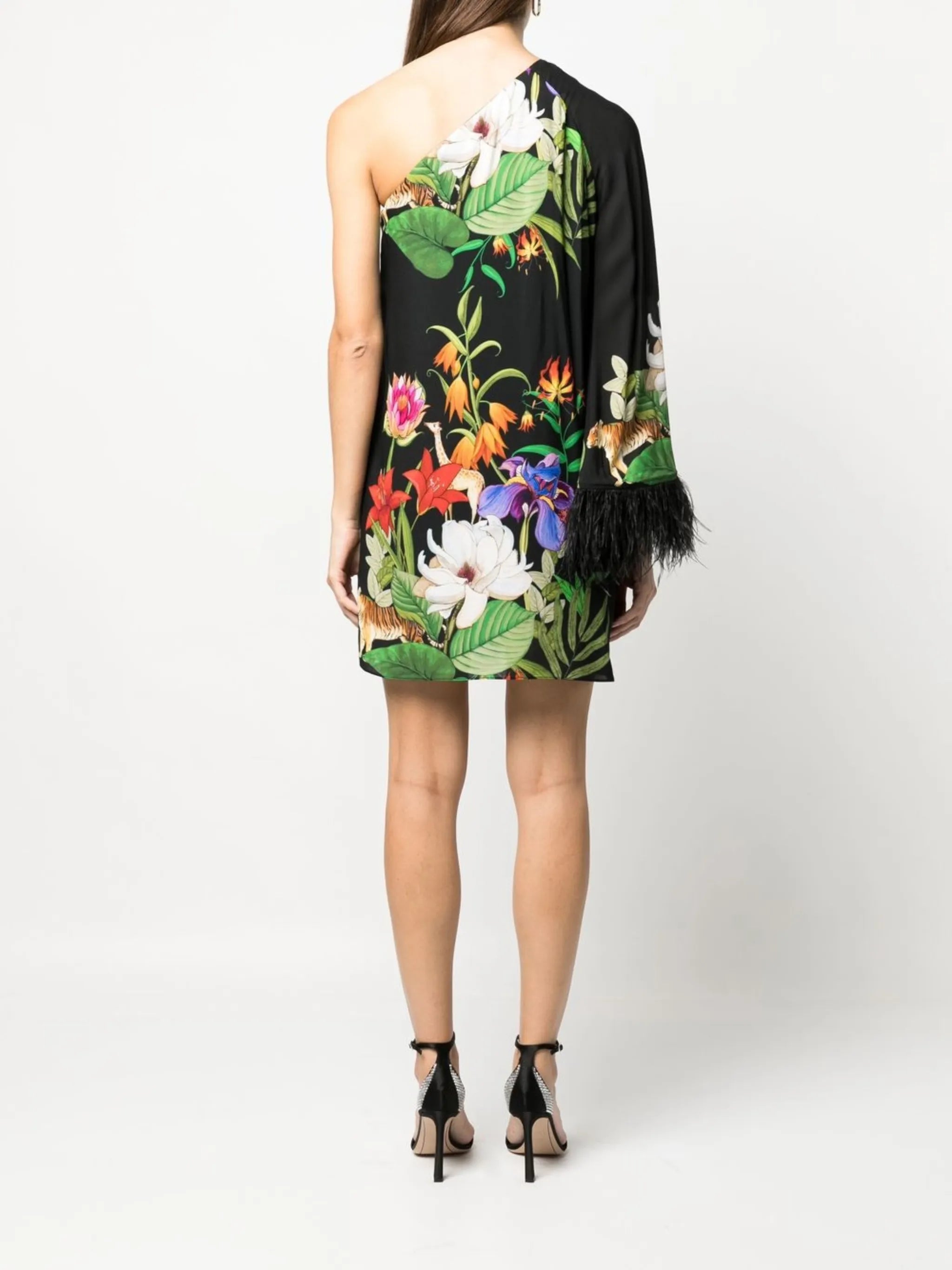 feather-trim one-shoulder mini dress