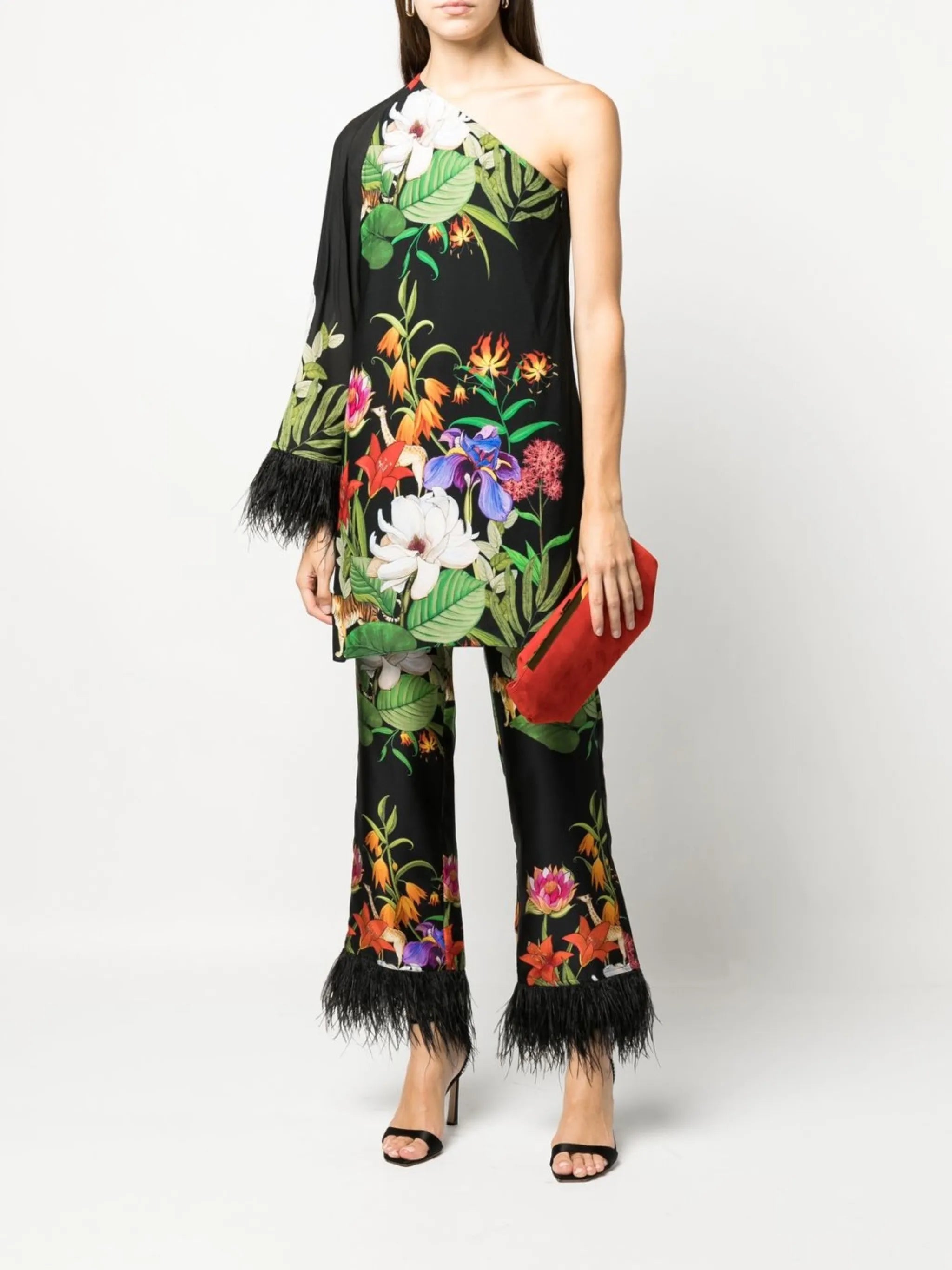 feather-trim one-shoulder mini dress