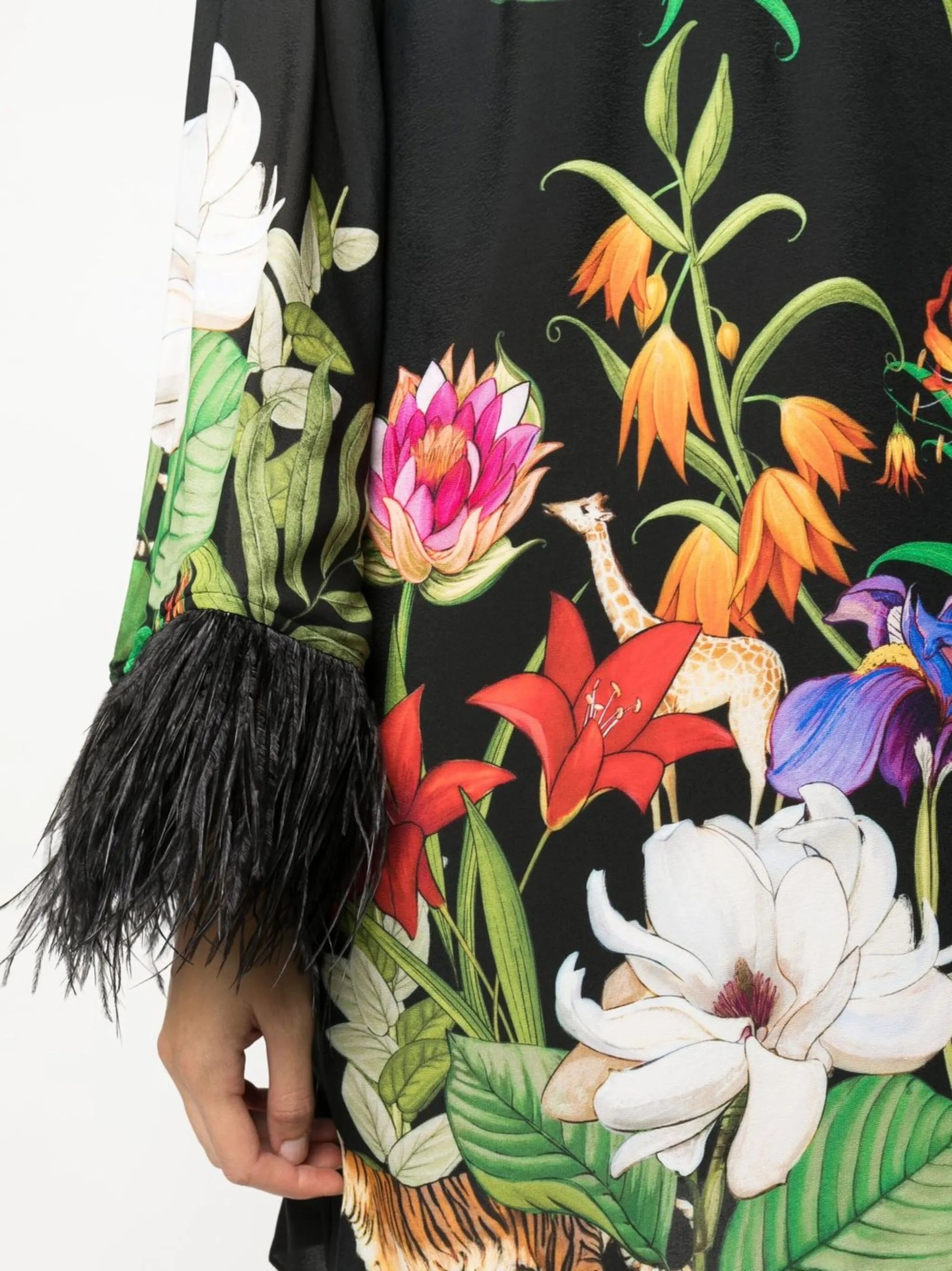feather-trim one-shoulder mini dress