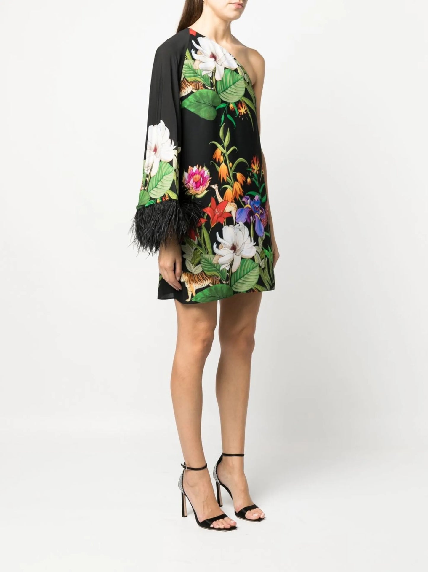 feather-trim one-shoulder mini dress