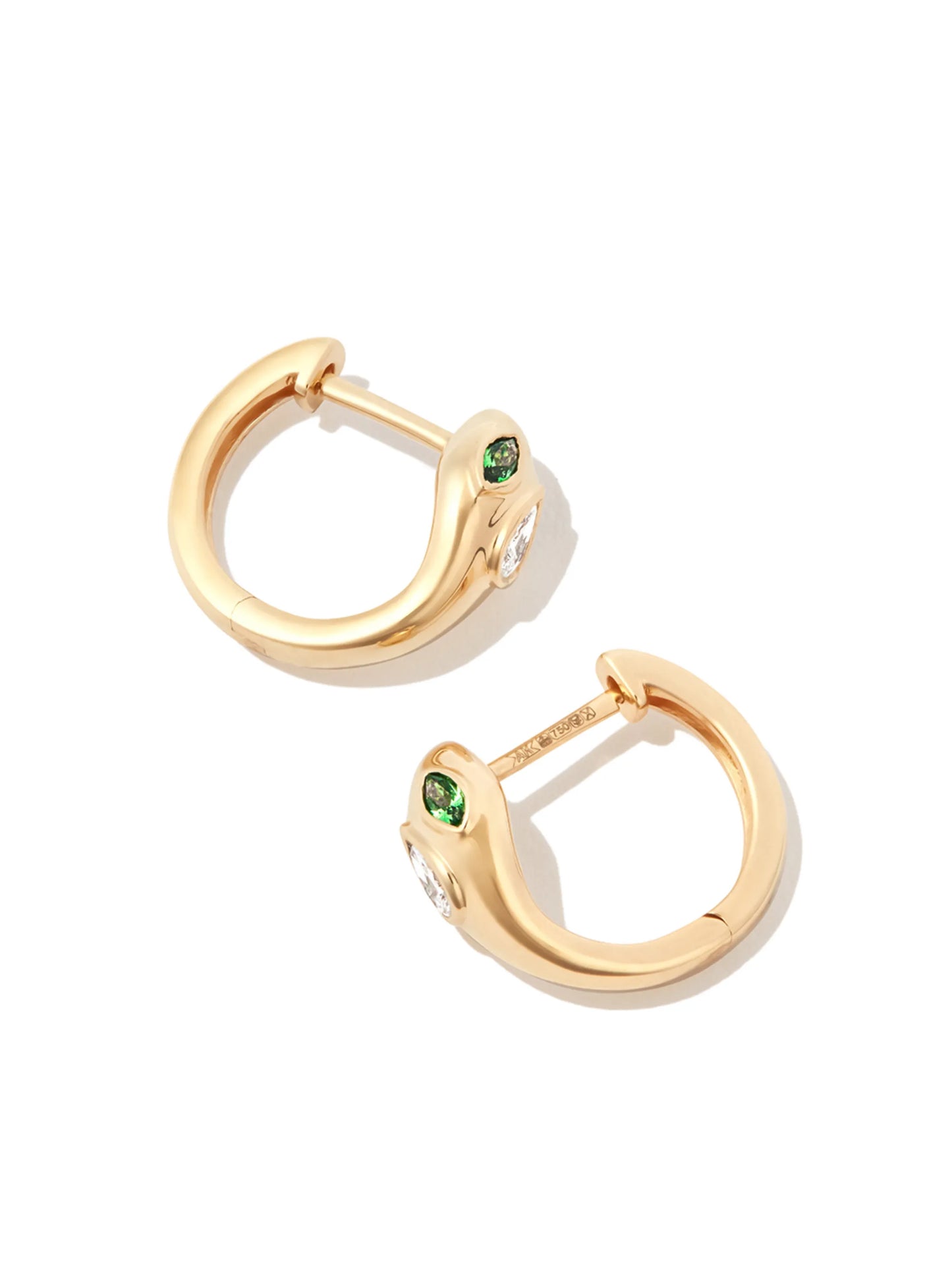 18kt yellow gold Snake diamond and emerald huggie hoops