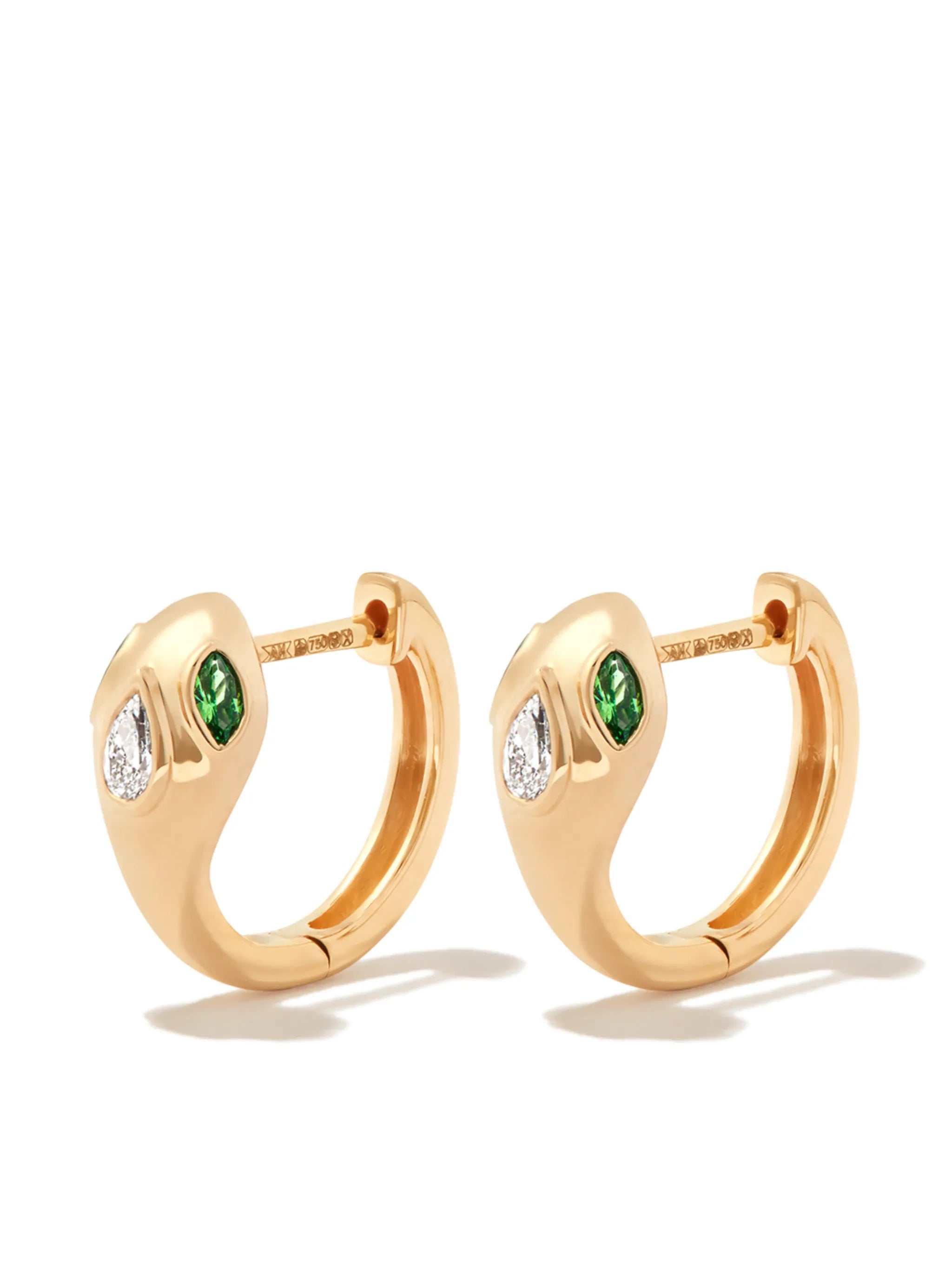 18kt yellow gold Snake diamond and emerald huggie hoops