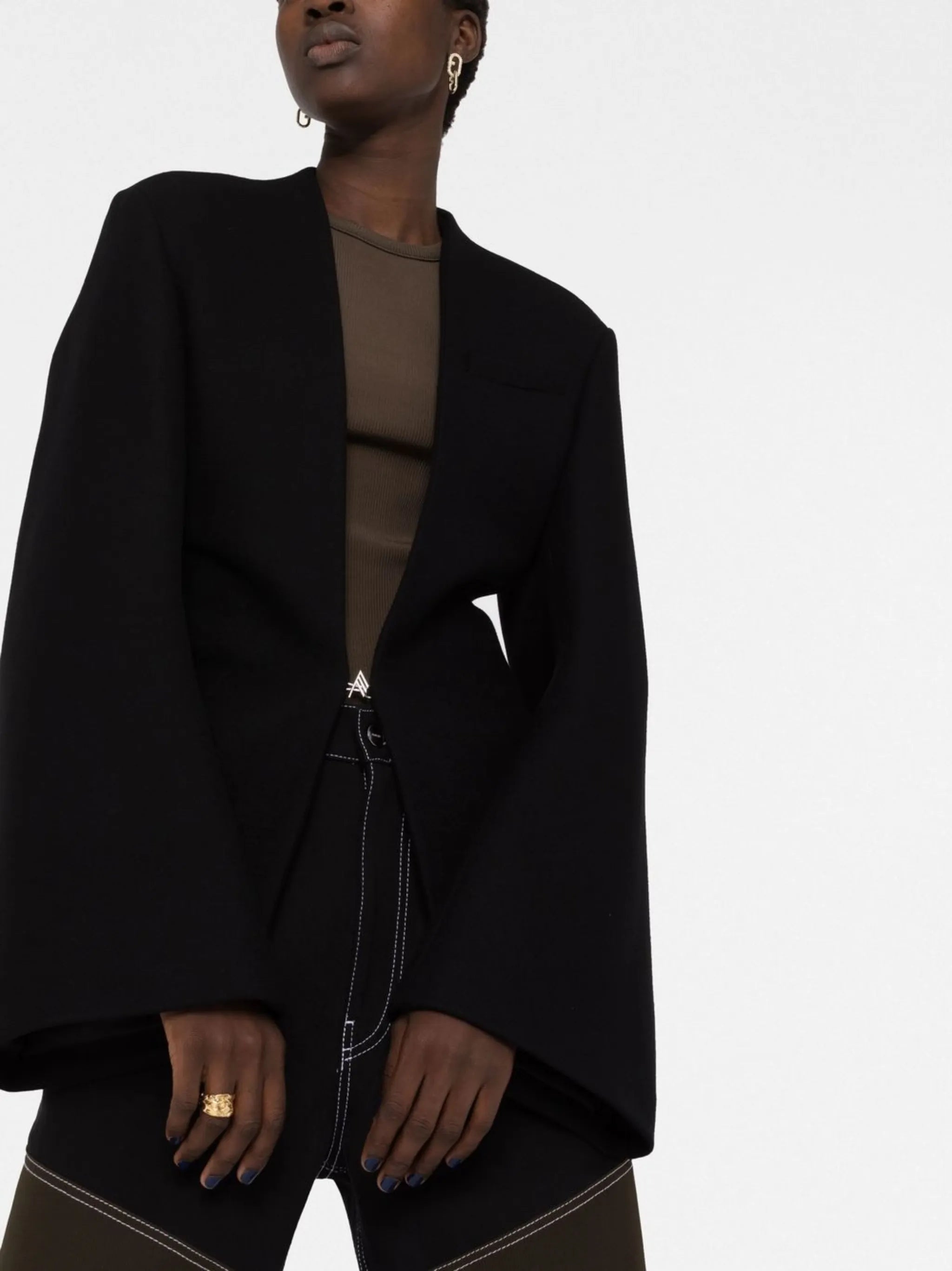 logo-button collarless cape jacket