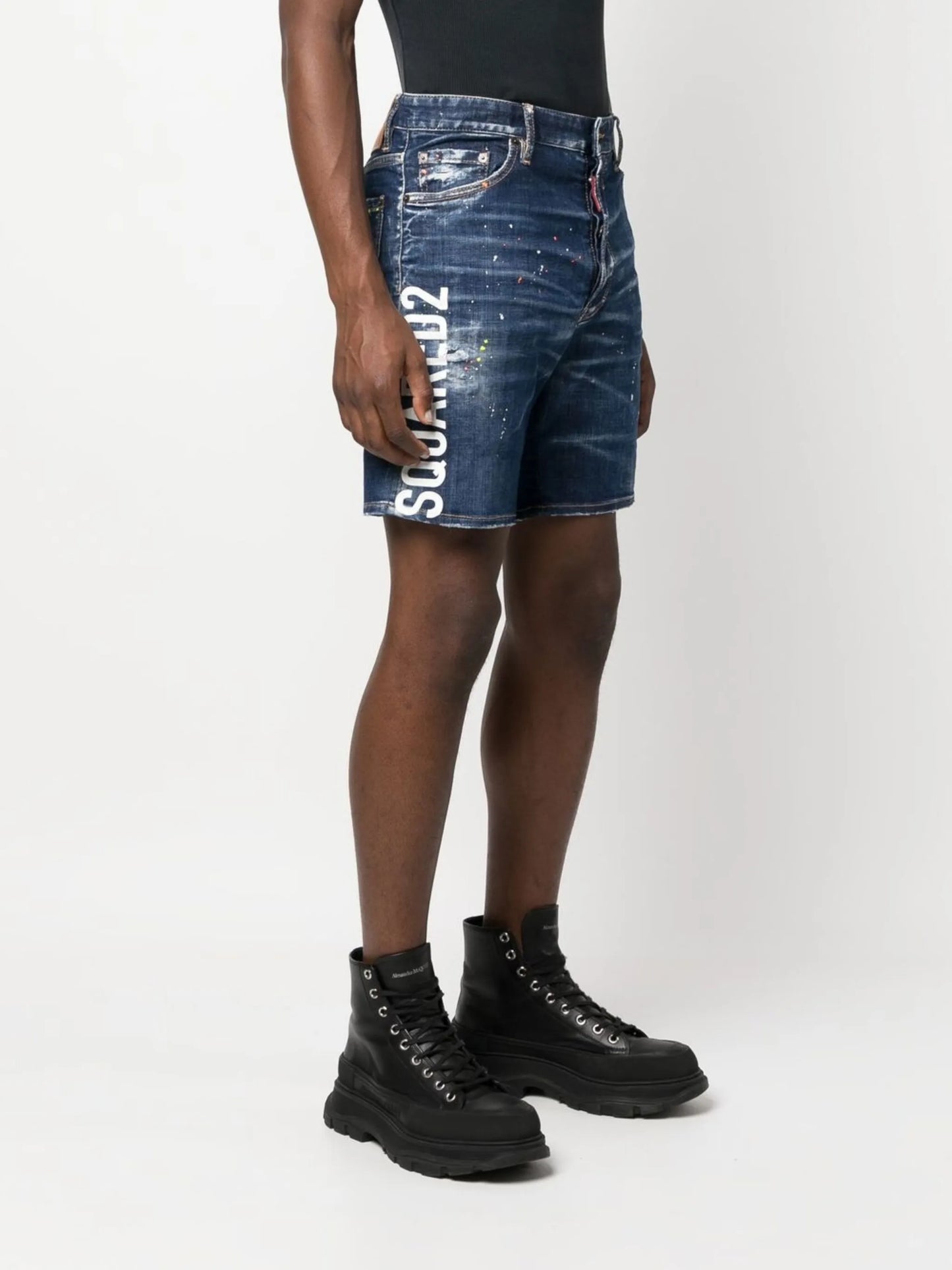 logo-print distressed denim shorts