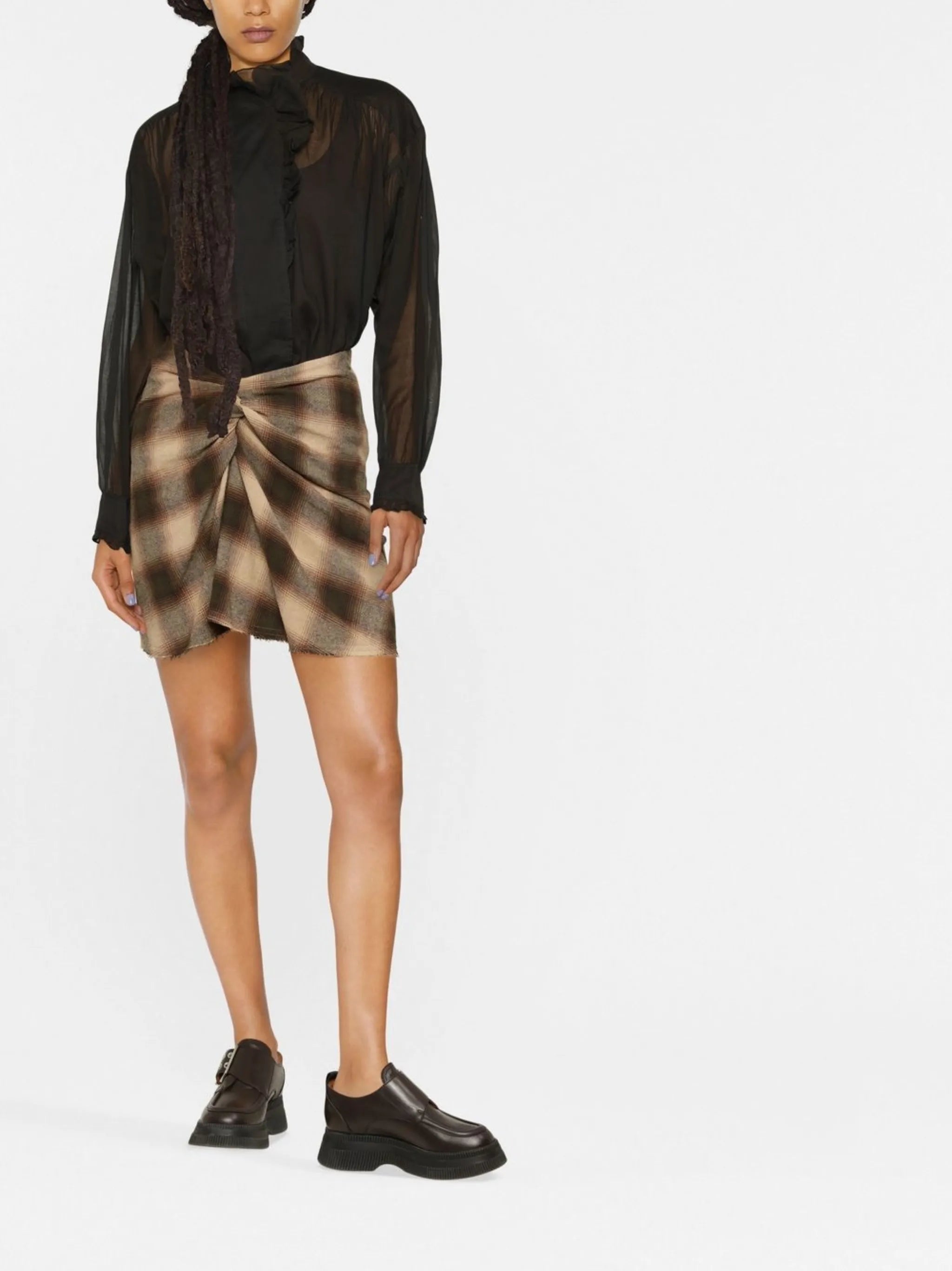 check-print ruched mini skirt