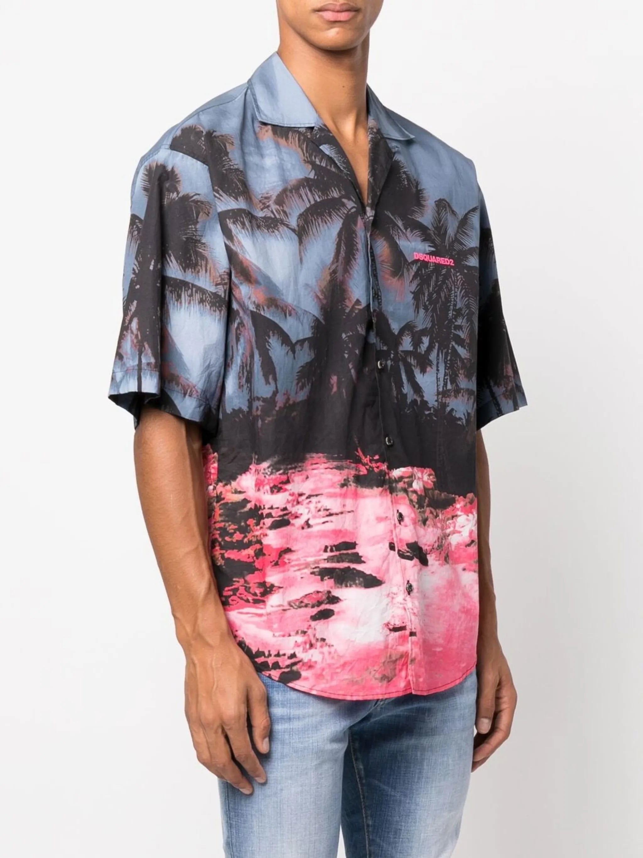 palm tree-print short-sleeved shirt