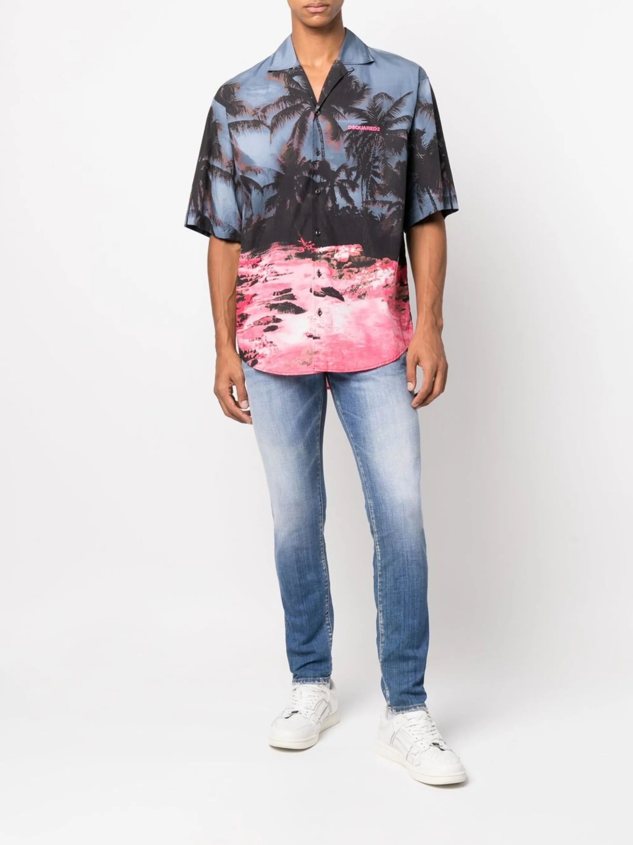 palm tree-print short-sleeved shirt