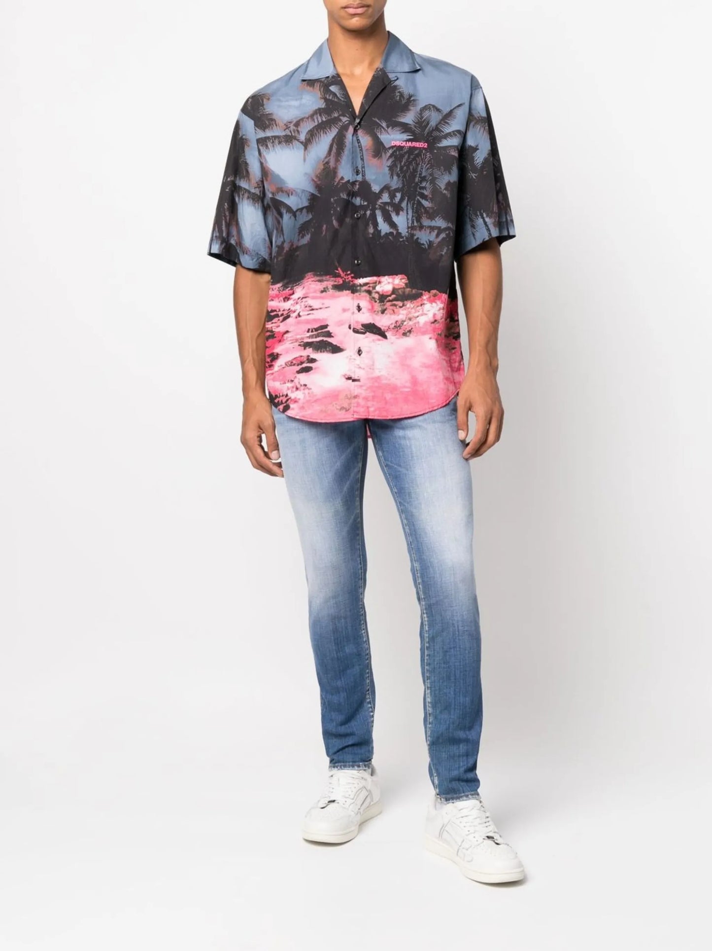 palm tree-print short-sleeved shirt