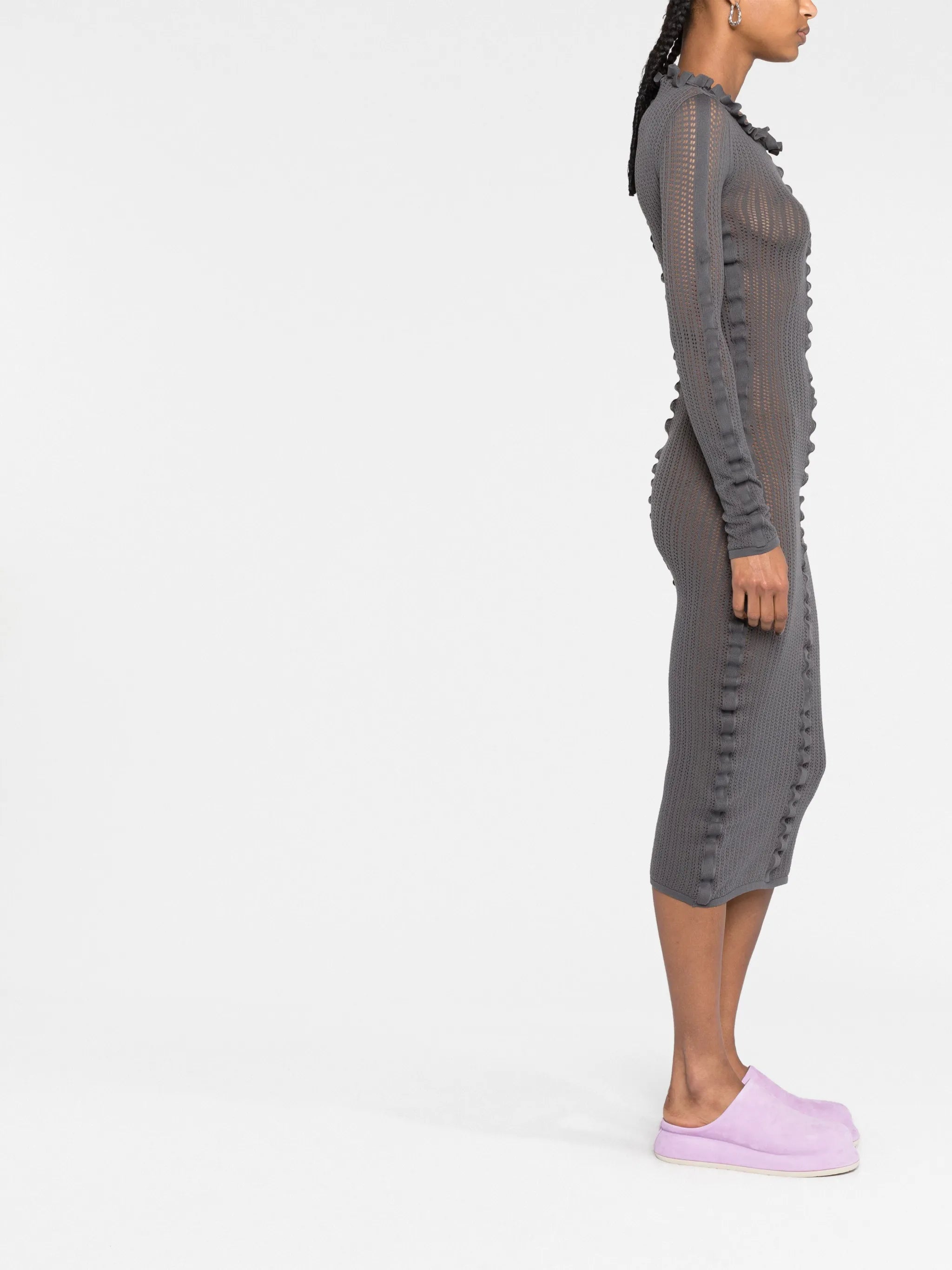 ruffled open-knit midi dress