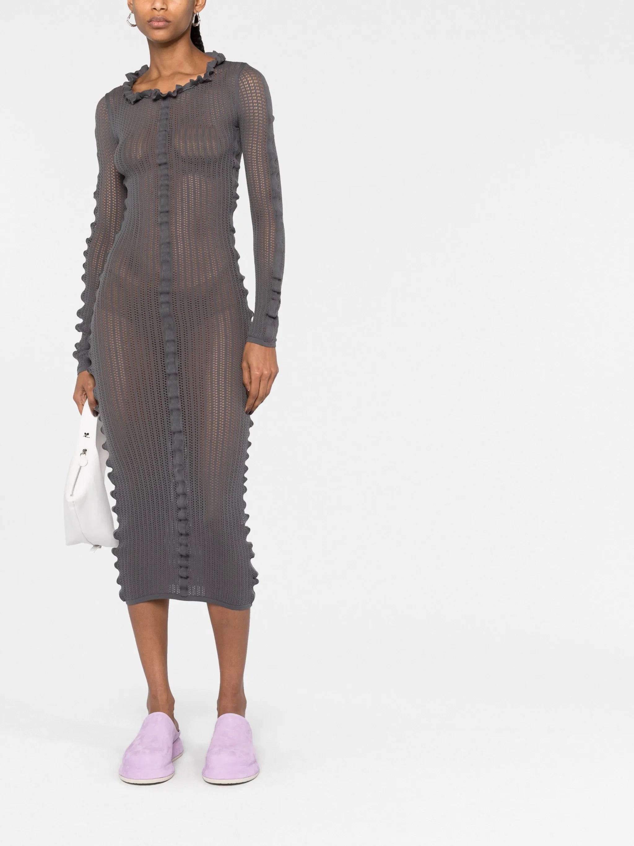 ruffled open-knit midi dress