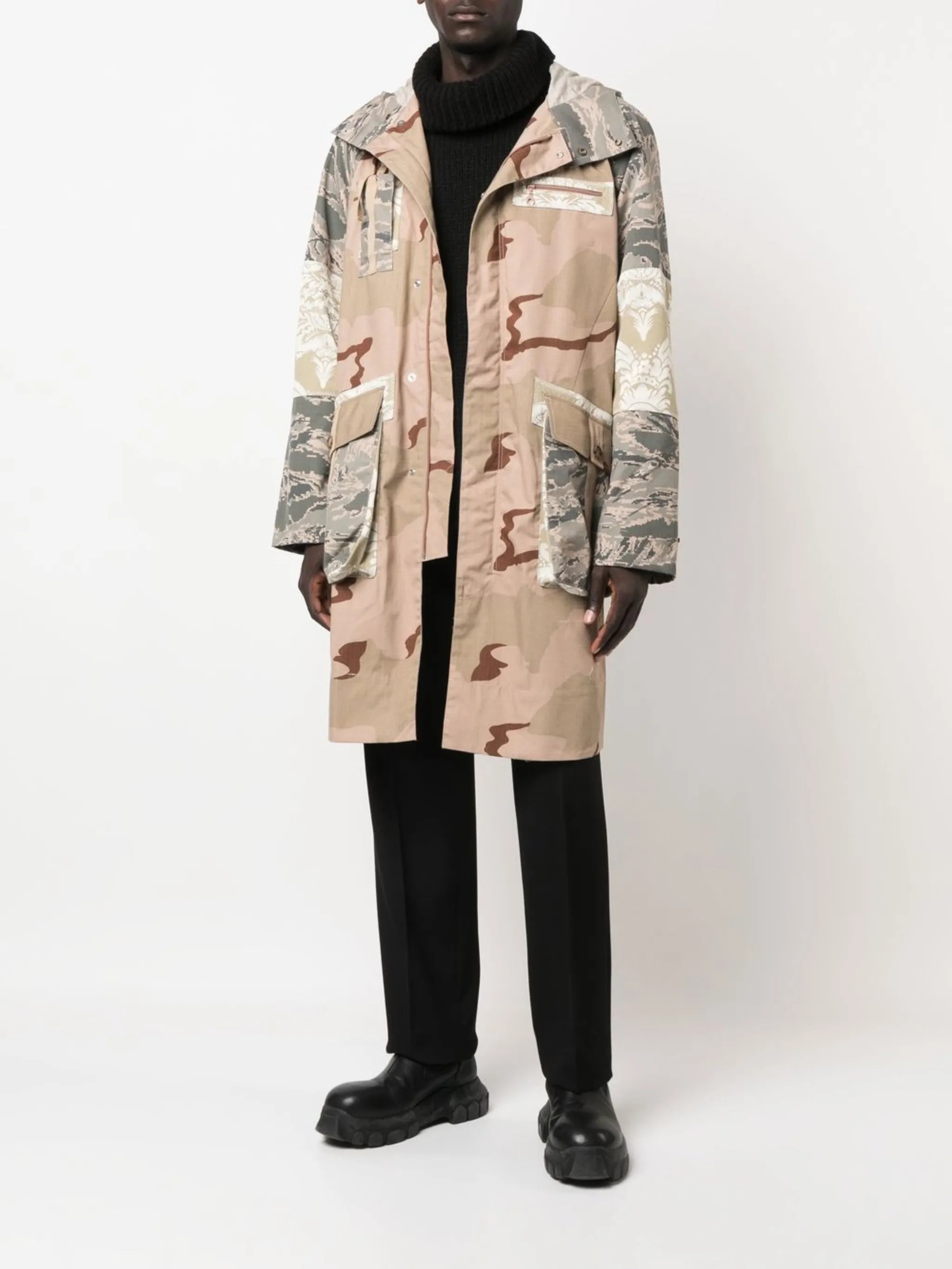 mix-print cotton hooded coat