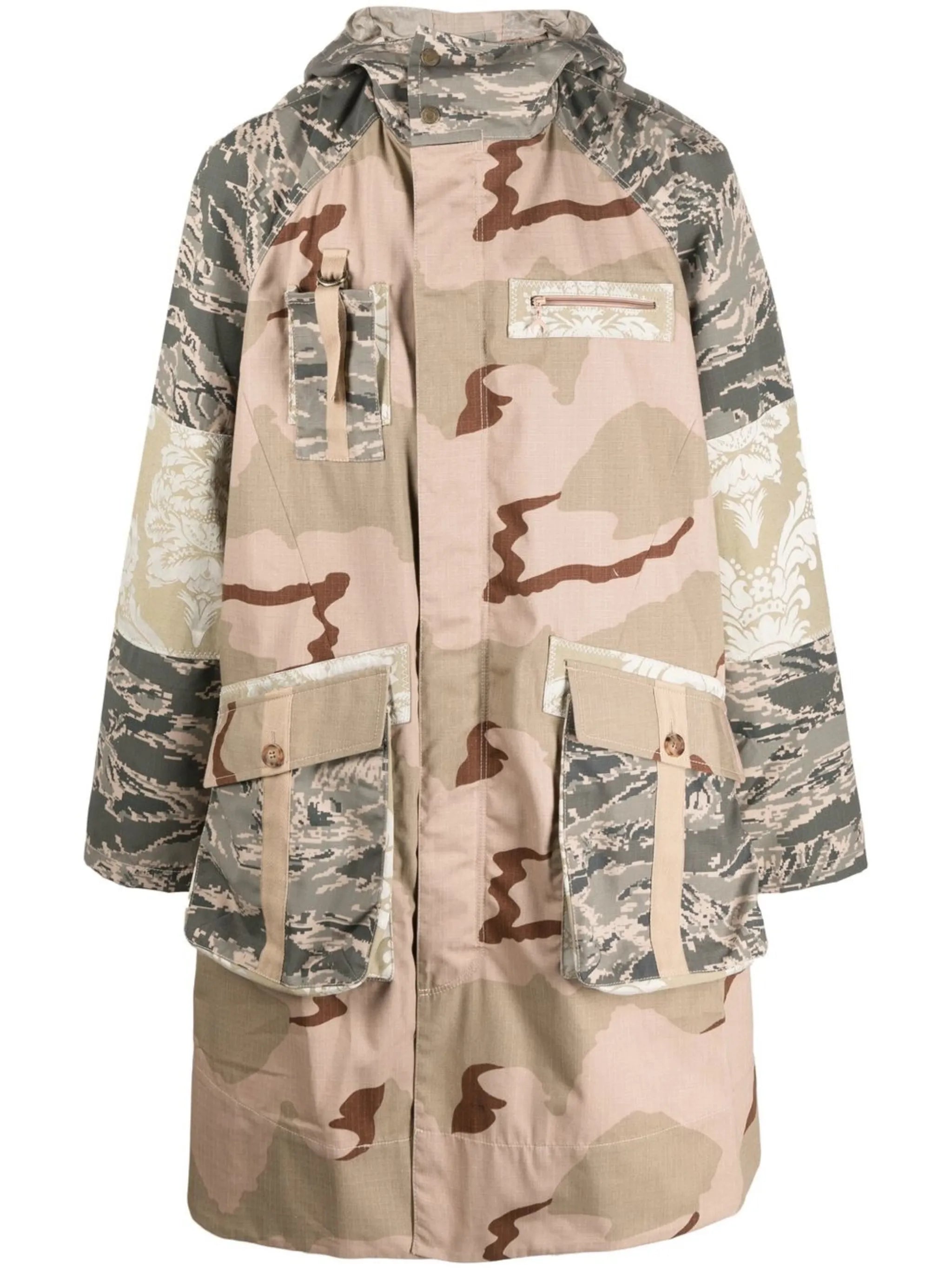 mix-print cotton hooded coat