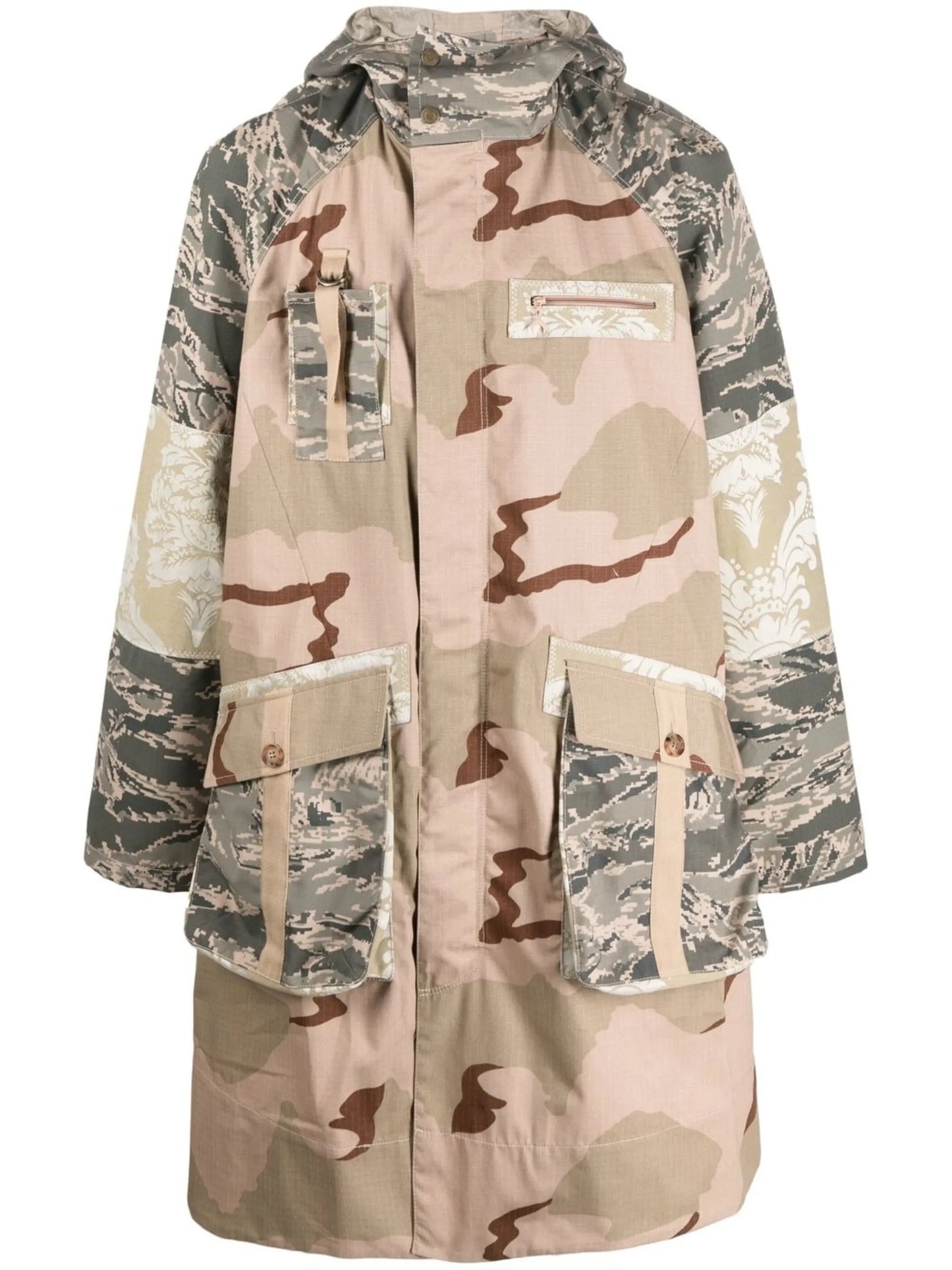 mix-print cotton hooded coat