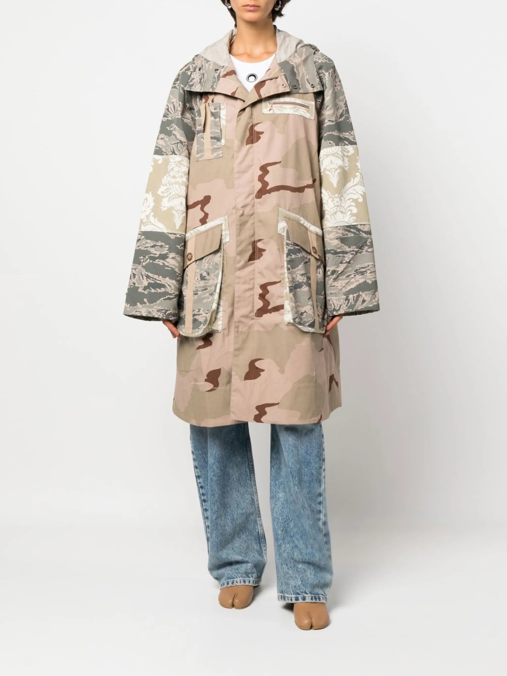 mix-print cotton hooded coat