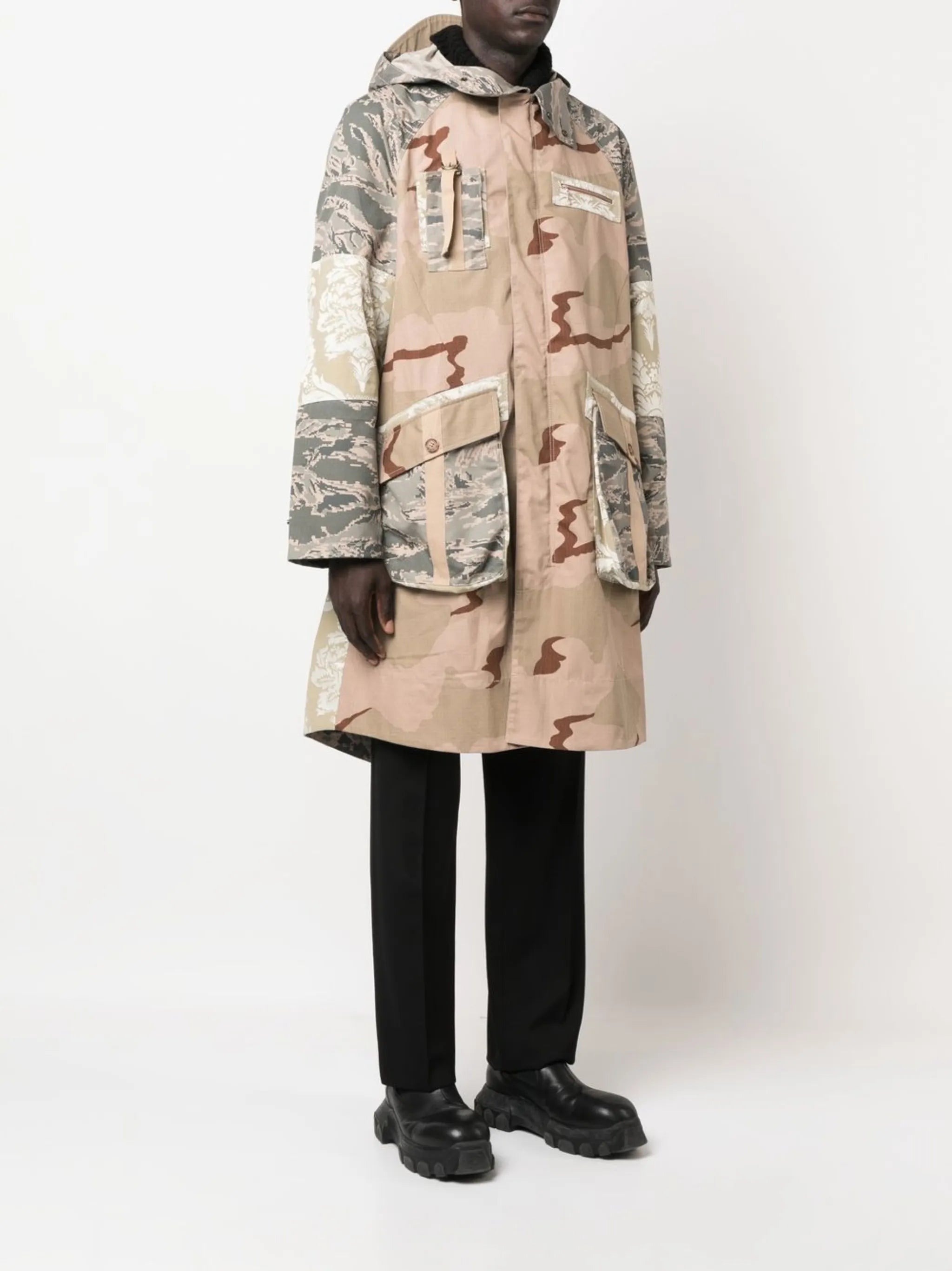 mix-print cotton hooded coat