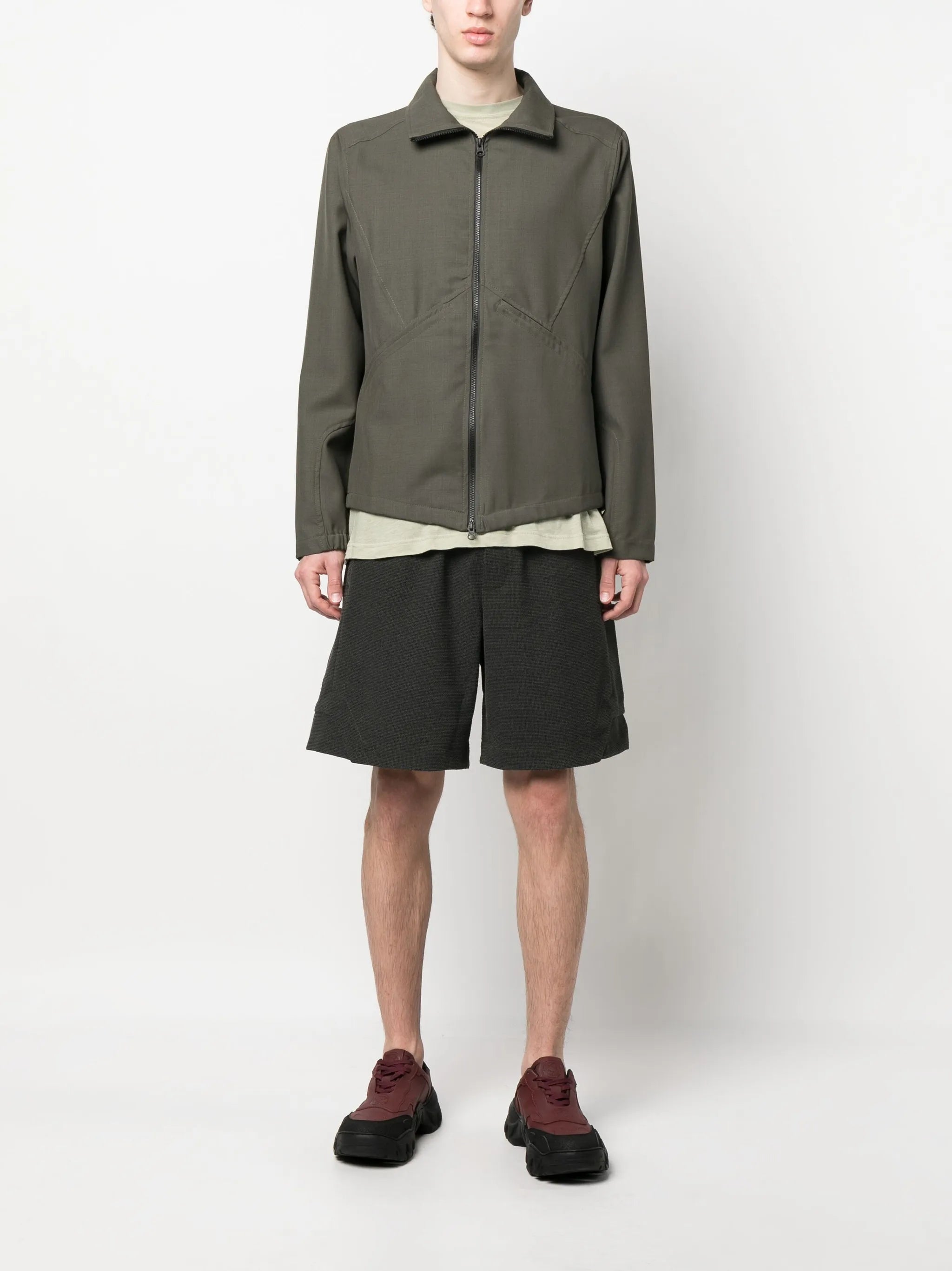 zipped-up stand-up neck jacket