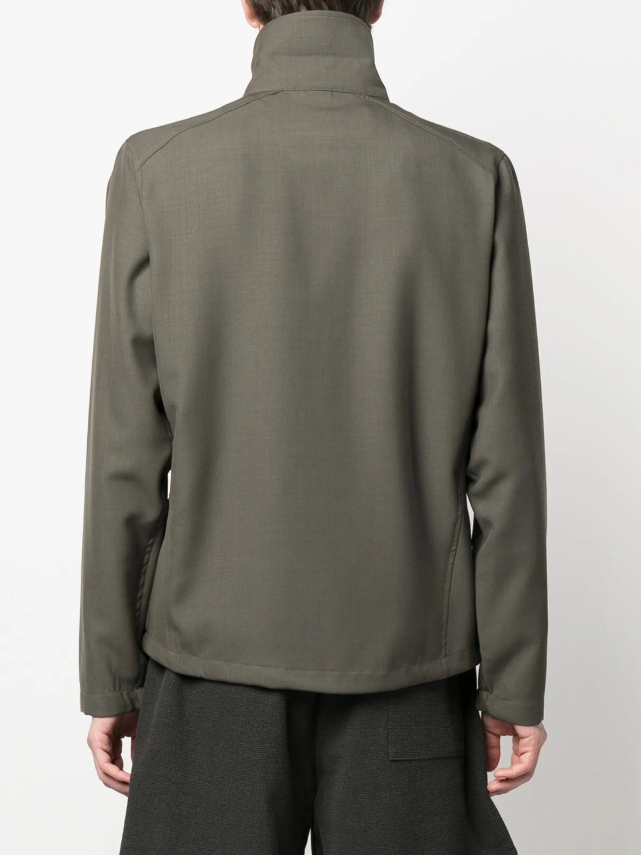 zipped-up stand-up neck jacket