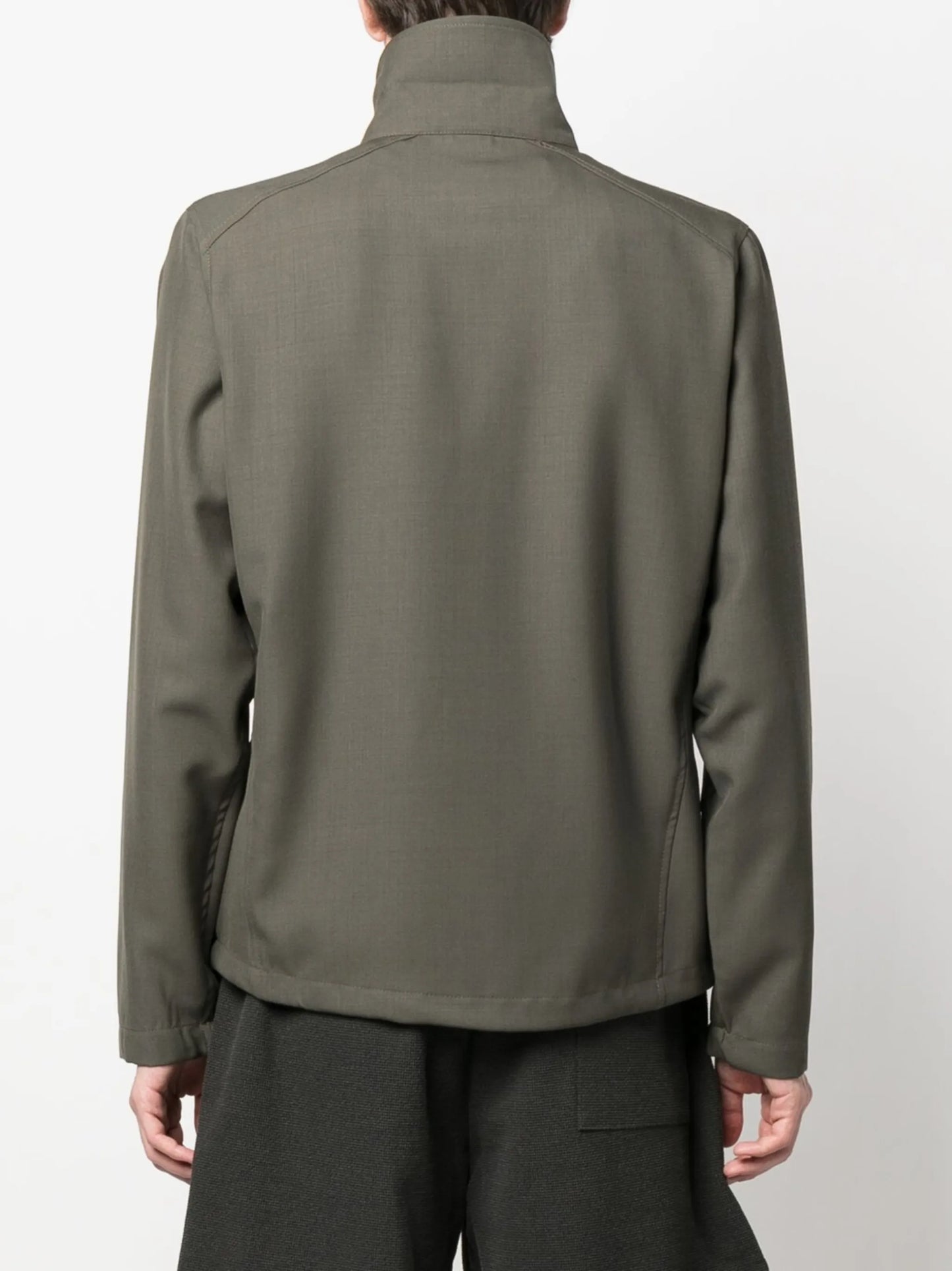 zipped-up stand-up neck jacket