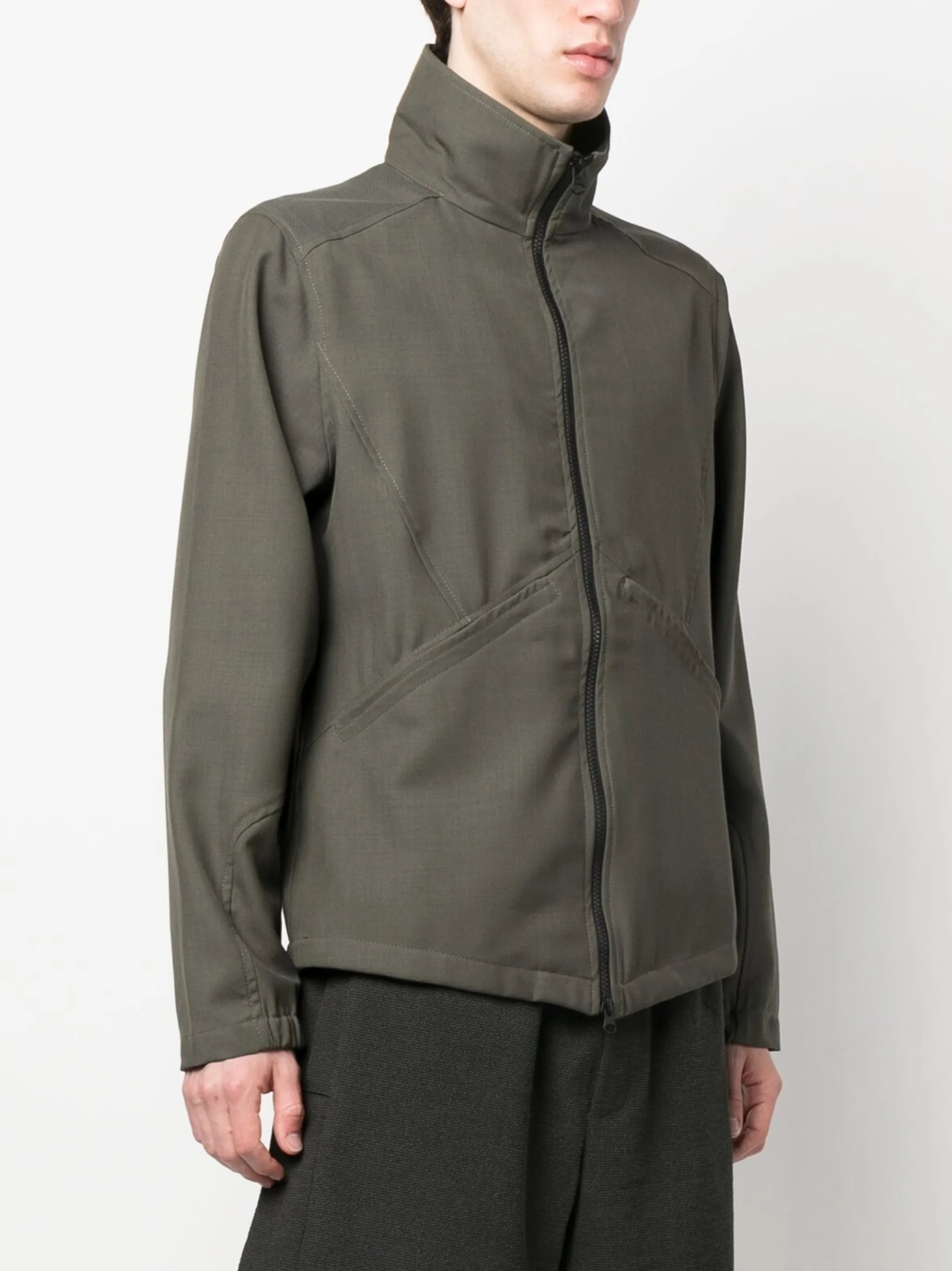 zipped-up stand-up neck jacket