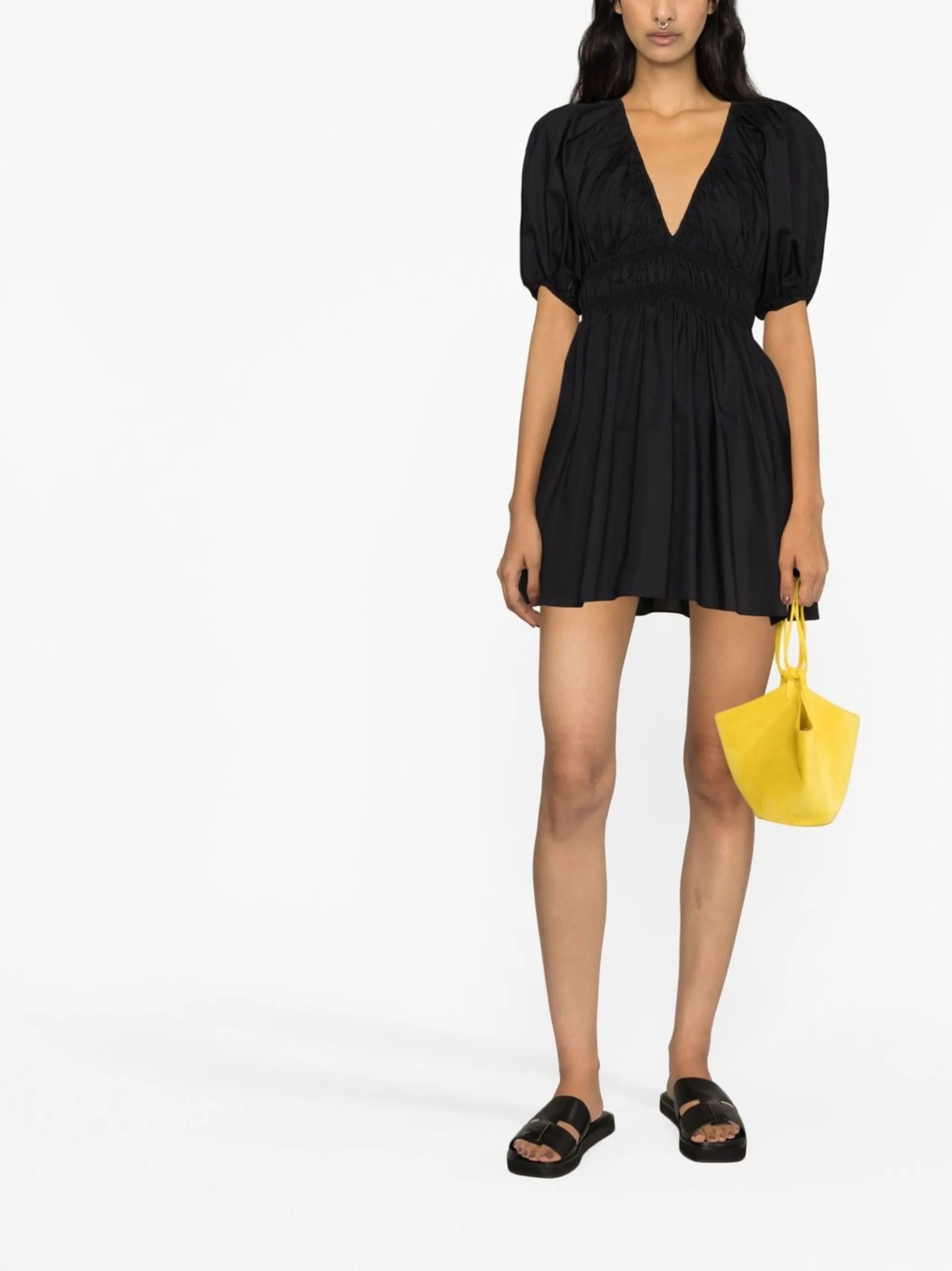 puff-sleeved shirred dress