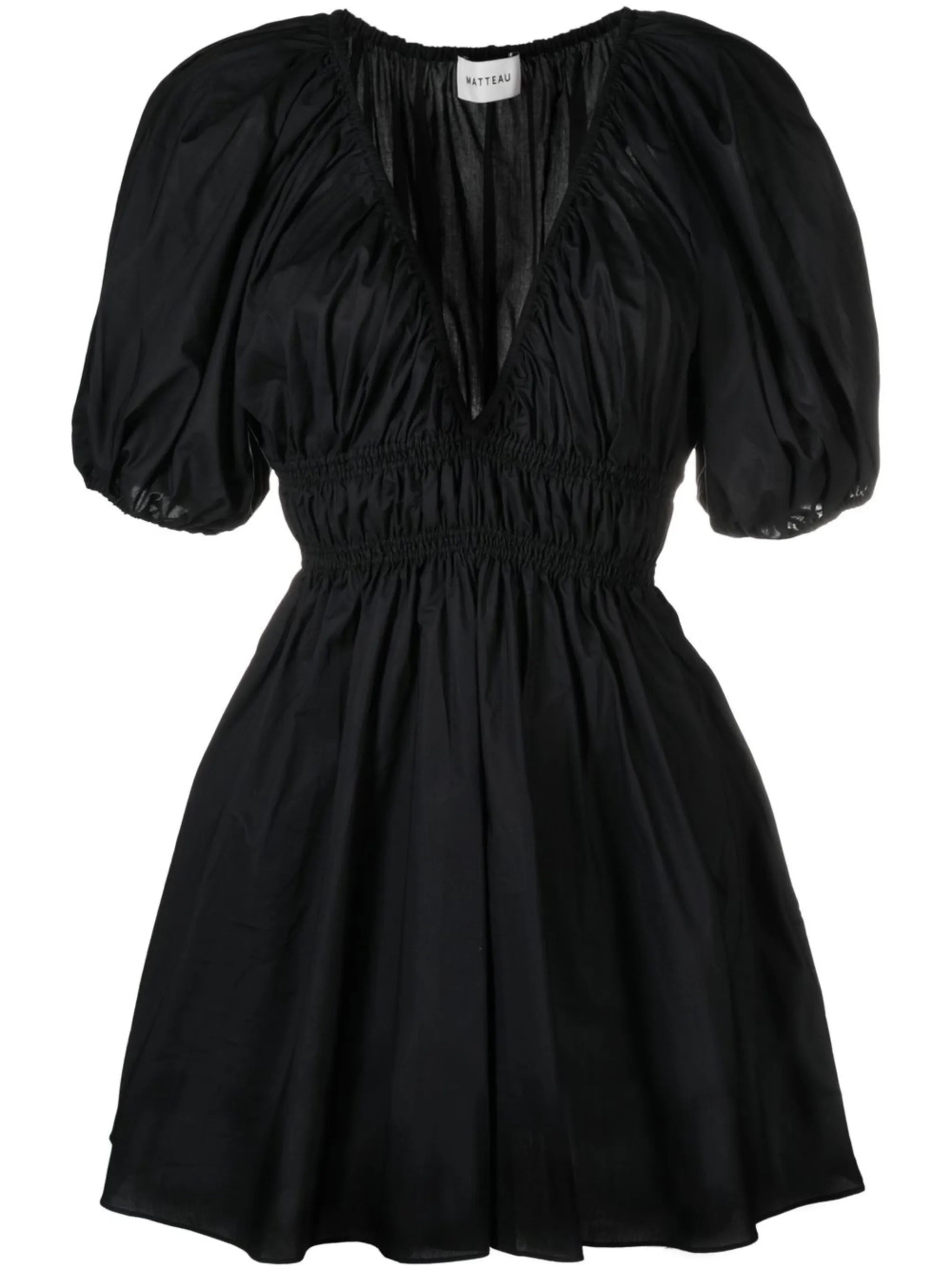 puff-sleeved shirred dress